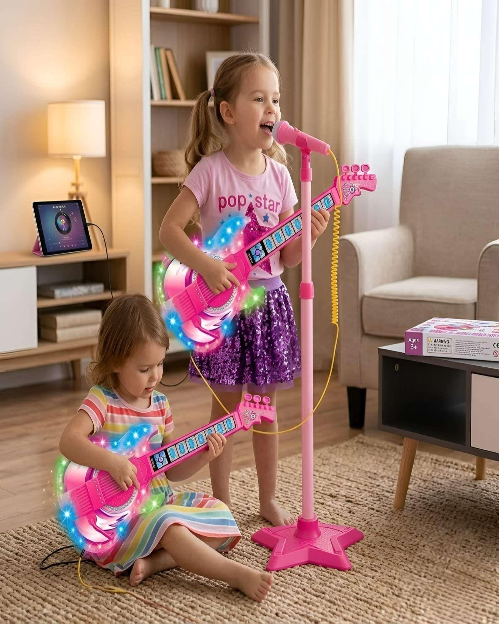 Guitarra de Juguete con Micrófono de Pedestal, Luces y Sonidos rosa-0