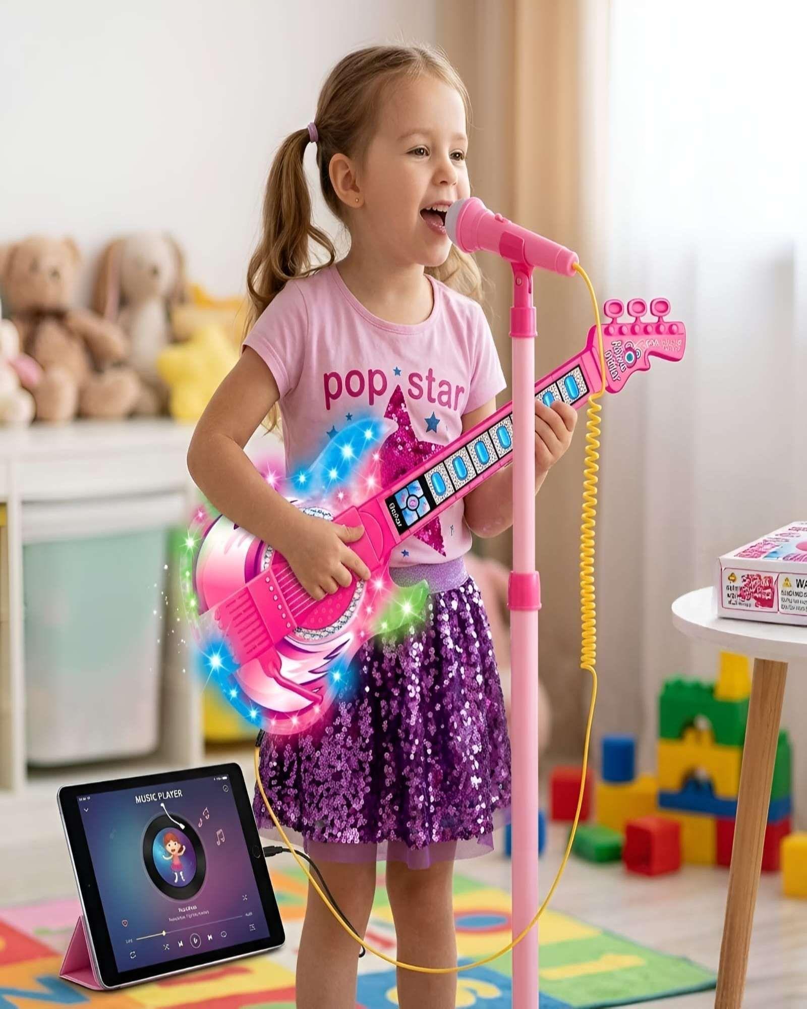 Guitarra de Juguete con Micrófono de Pedestal, Luces y Sonidos rosa-1