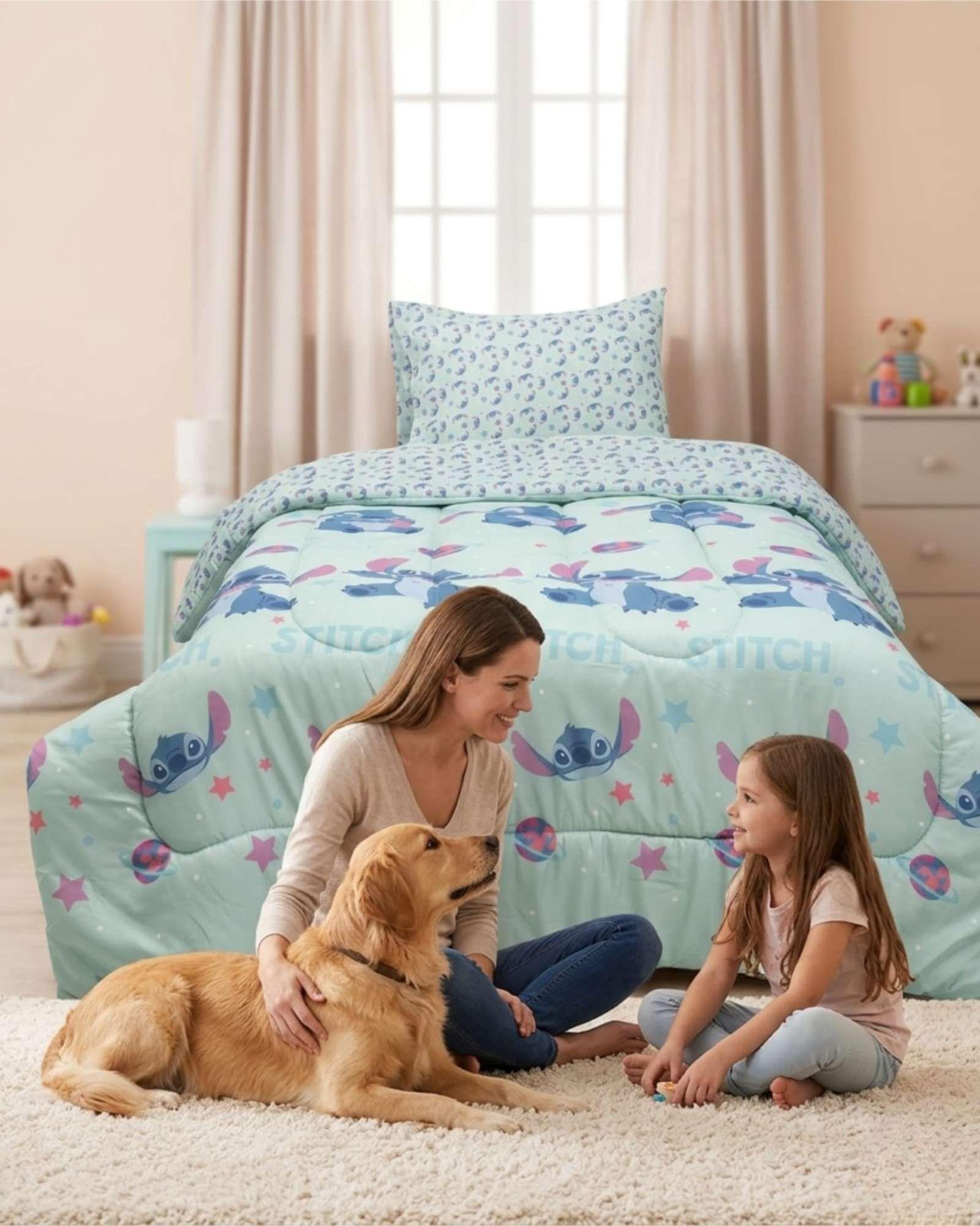 Plumón Oficial Stitch Planeta 1.5 Plazas verde-3