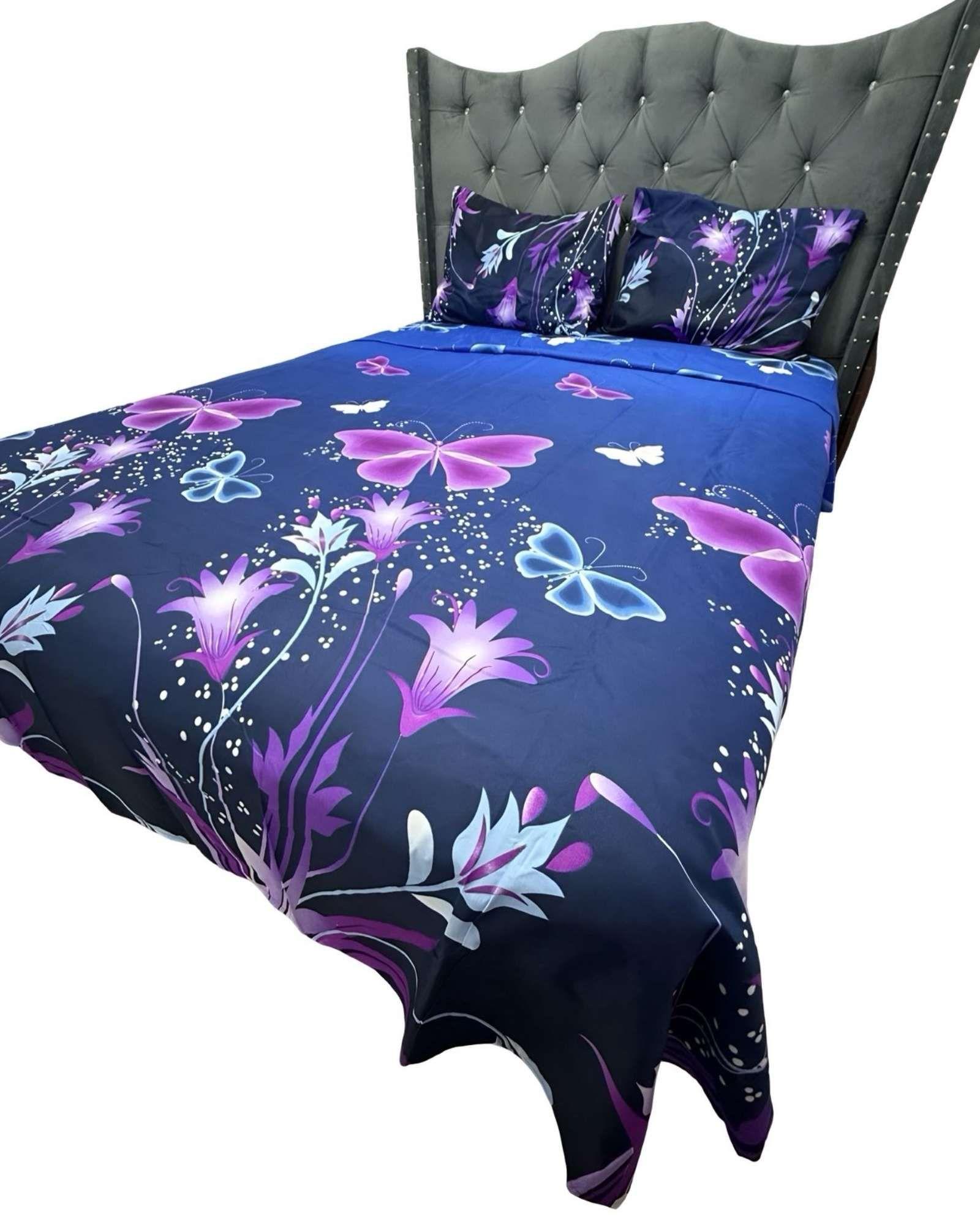 JUEGO DE SABANAS DE GÉNERO 2 PLAZAS AZUL MARIPOSAS MORADAS-2