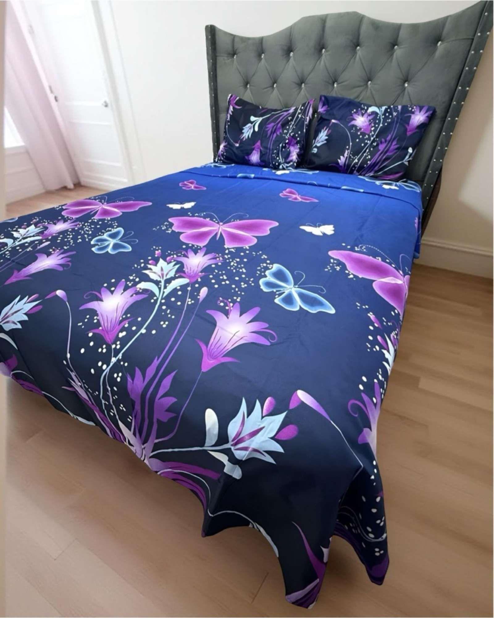 JUEGO DE SABANAS DE GÉNERO 2 PLAZAS AZUL MARIPOSAS MORADAS-3