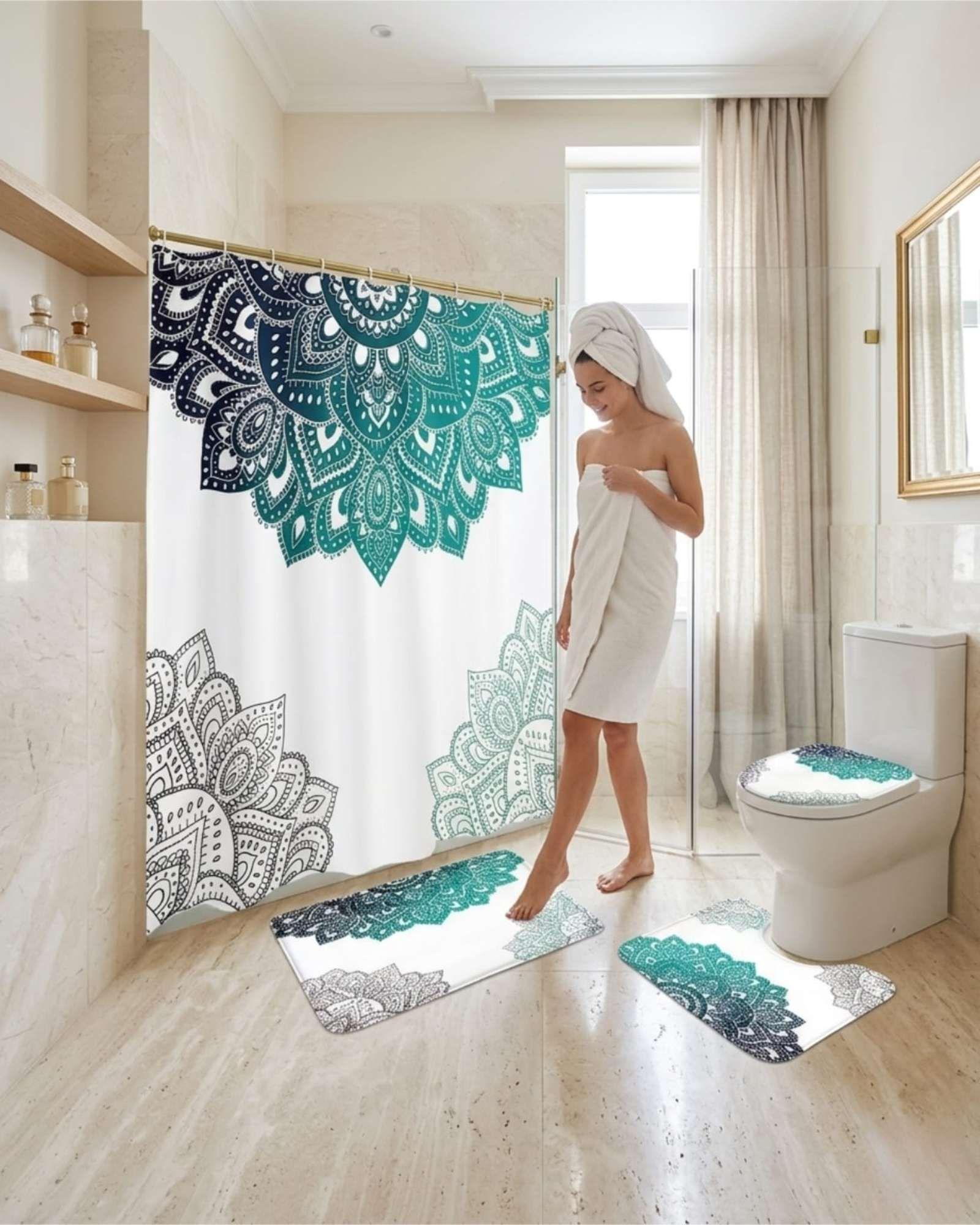Set Decorativo De Baño 4 Piezas Cortina, Alfombras Y Funda De Inodoro m6-2