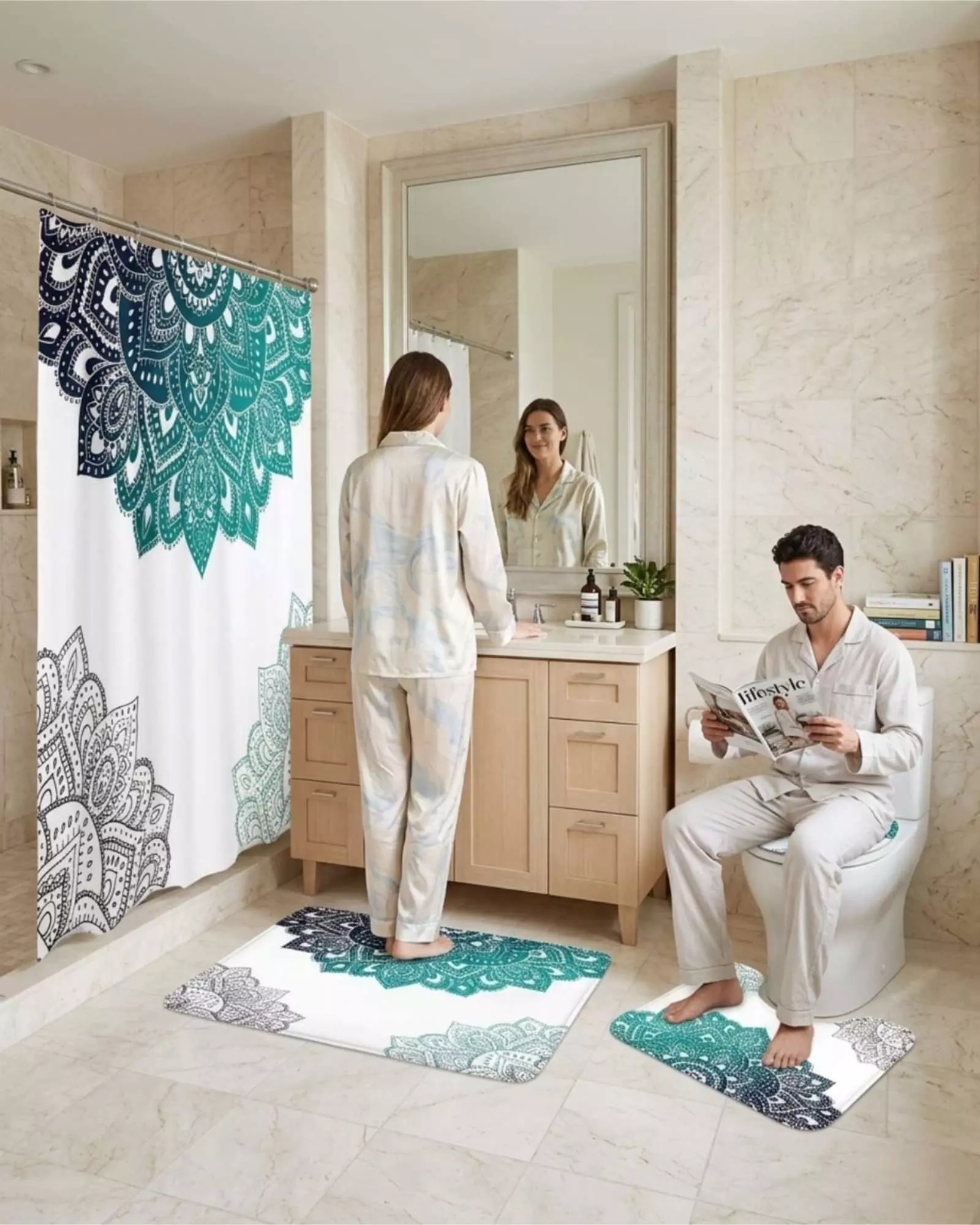 Set Decorativo De Baño 4 Piezas Cortina, Alfombras Y Funda De Inodoro m6-3