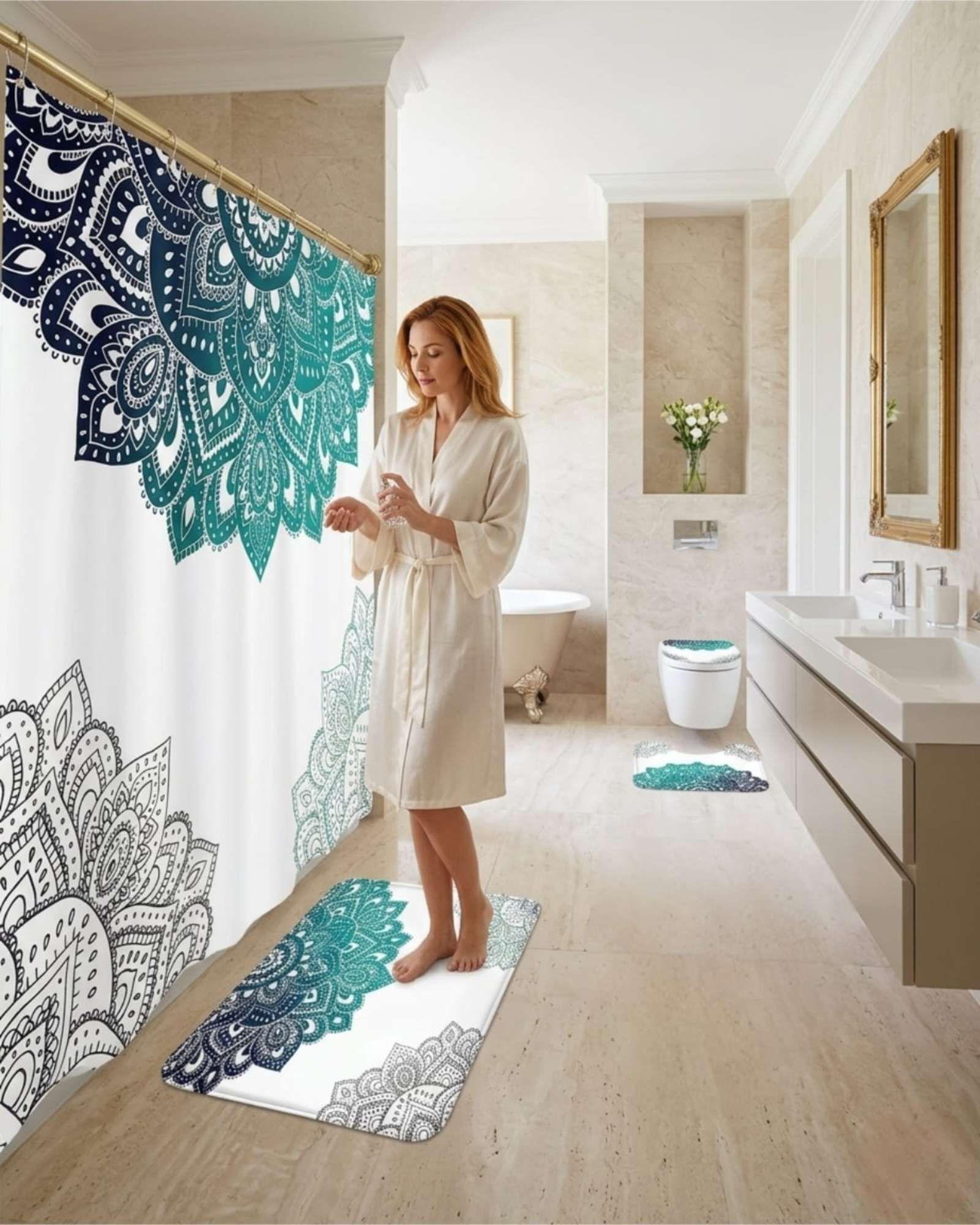 Set Decorativo De Baño 4 Piezas Cortina, Alfombras Y Funda De Inodoro m6-4