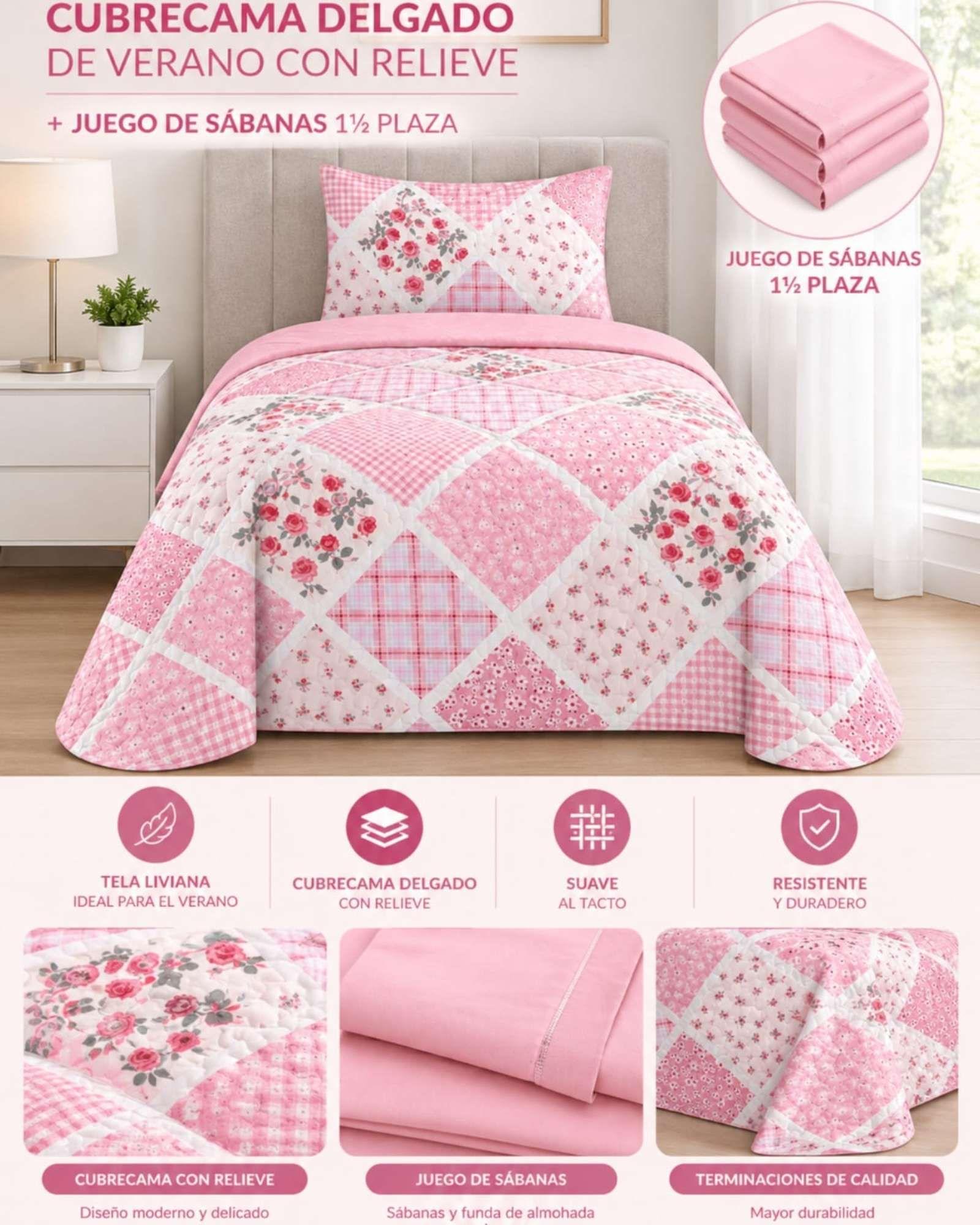 Juego Cubrecama Quilt Verano 1.5 Plazas + Juego De Sábanas 14-4