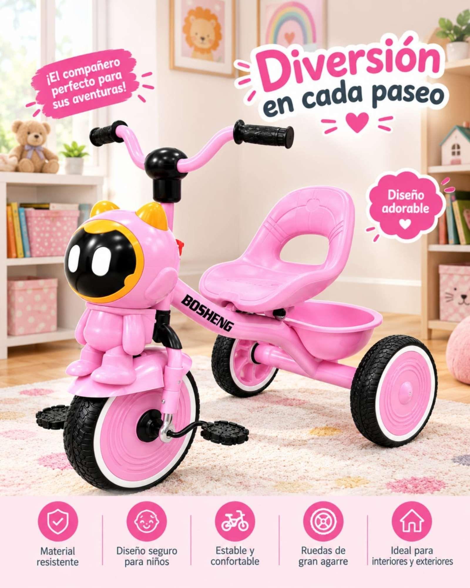 Triciclo Infantil Rosa Con Figura Decorativa Y Canasto Trasero-4