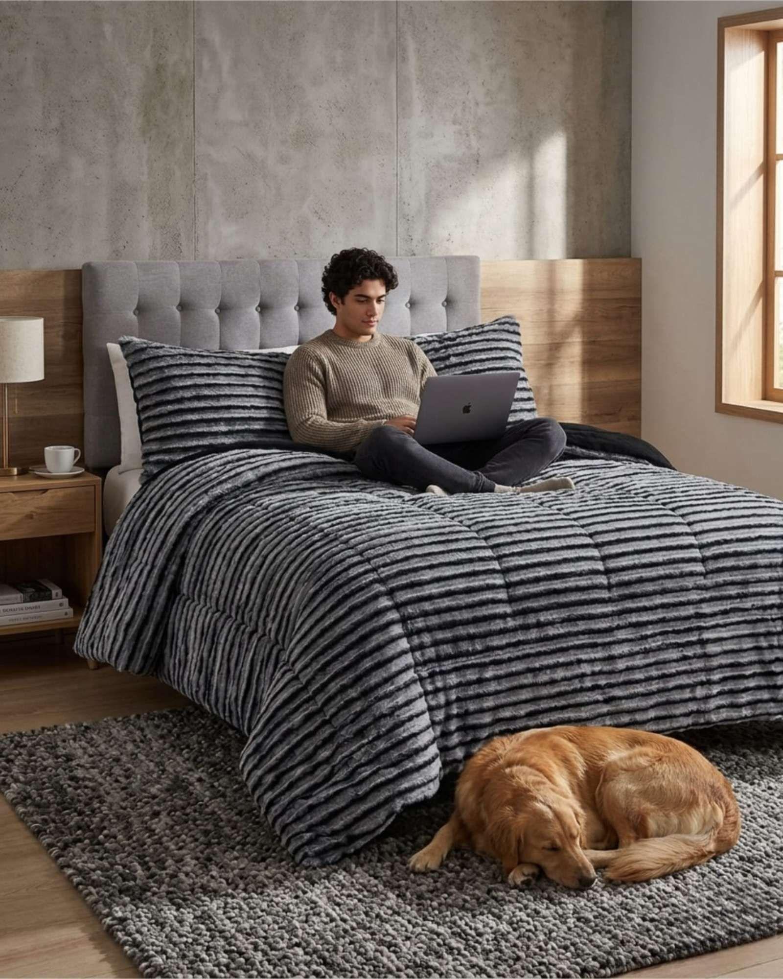 Cubrecama Chiporro 2 plazas Diseño Pana Moderno  "Doble textura, doble suavidad" gris-4