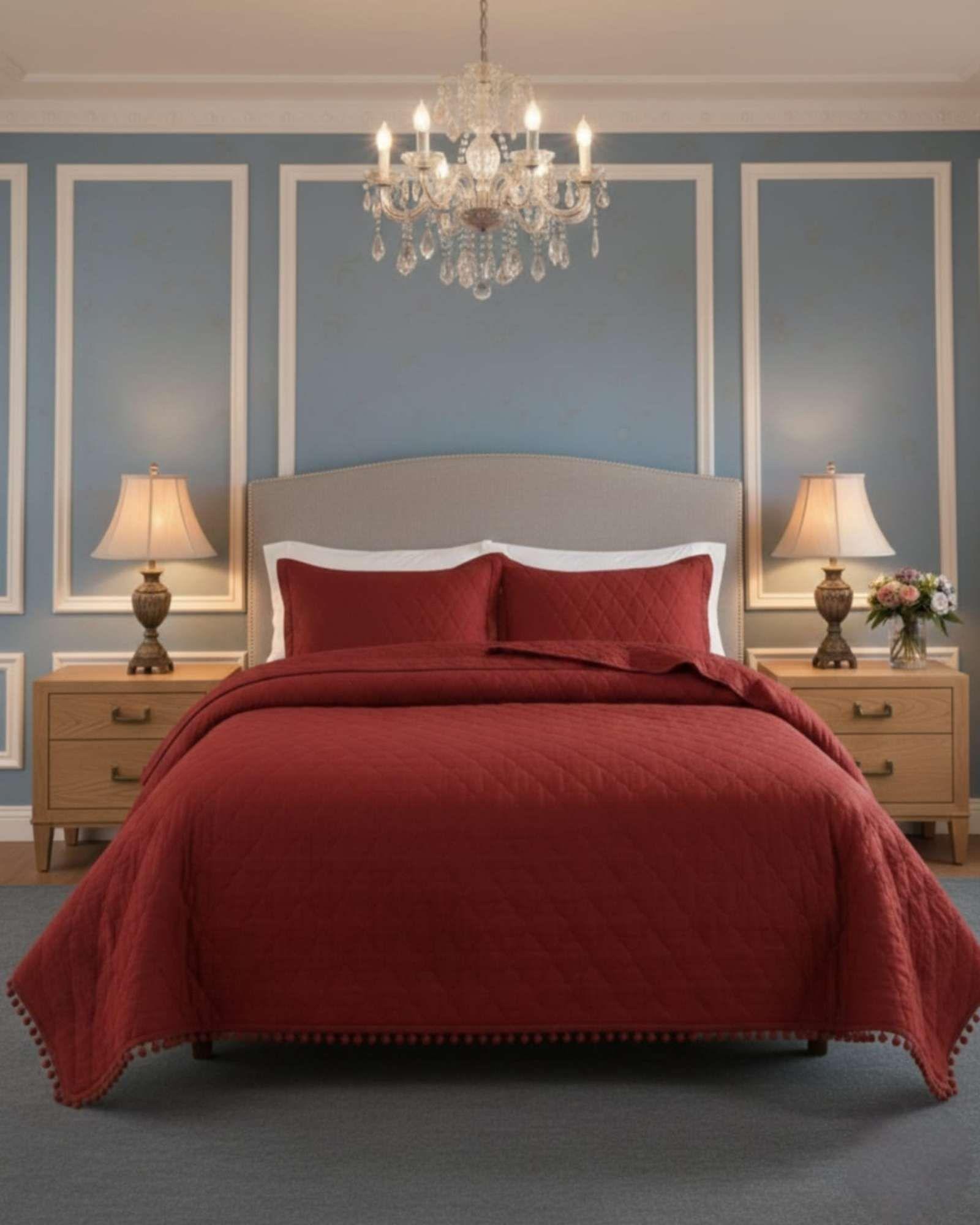 Cobertores de Verano-Primavera con Diseño de Pompon (plaza y media) burdeo-3