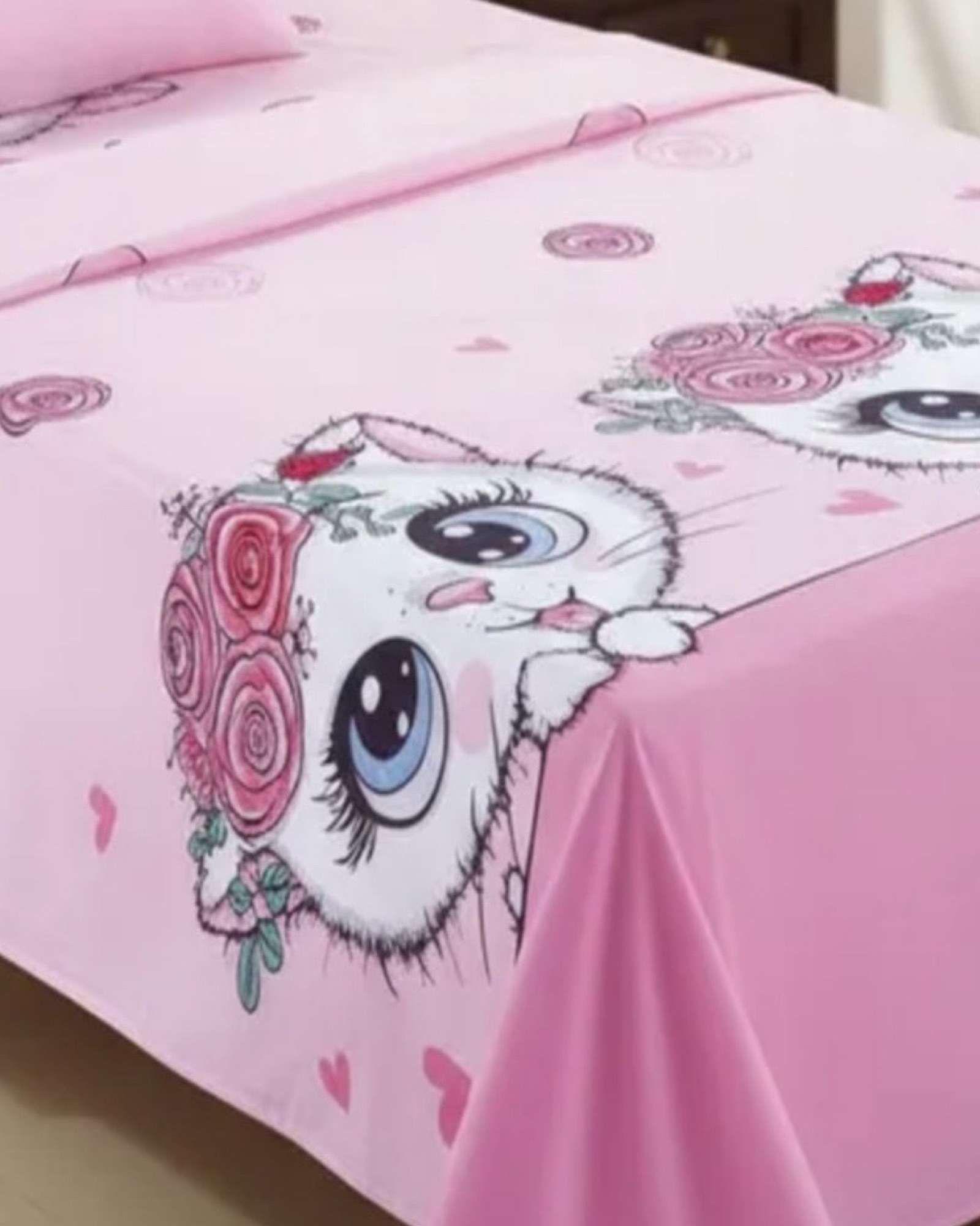 Juego de Sabanas de verano Gatita niña Infantil plaza y media  MAS 1 ALMOHADA -2