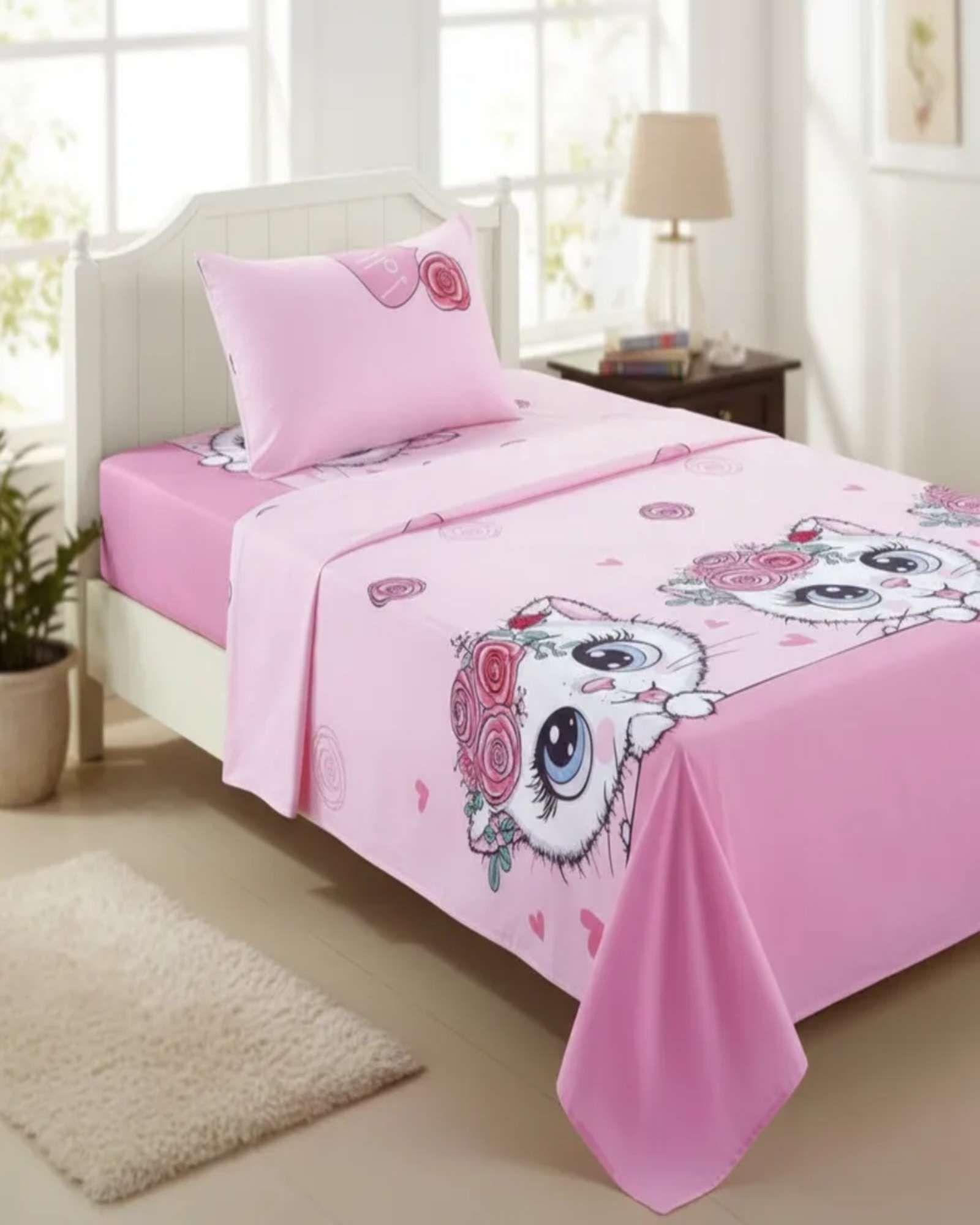 Juego de Sabanas de verano Gatita niña Infantil plaza y media  MAS 1 ALMOHADA -3