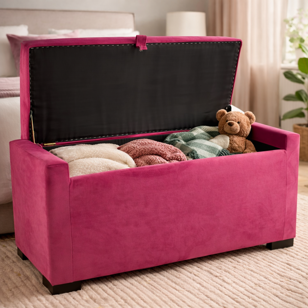 Banqueta con Baúl Leyzy Fucsia Felpa 40X55X105 cm Máxima Design-2