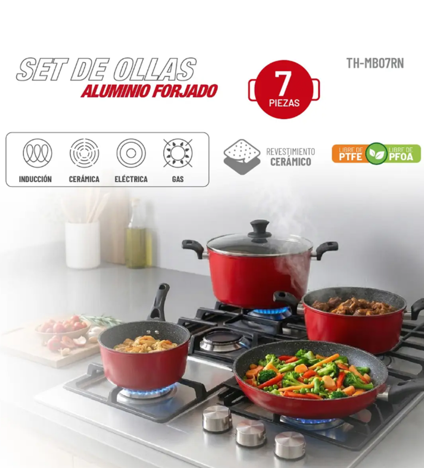 Batería de cocina Aluminio Forjado 7pzas Rojo Mate Thomas-7