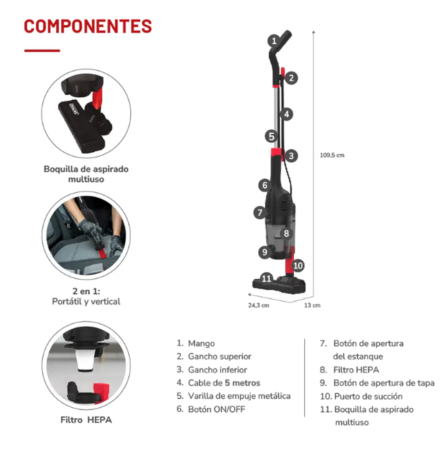 Aspiradora Vertical 2 en 1 Filtro Hepa TH 1020C-2