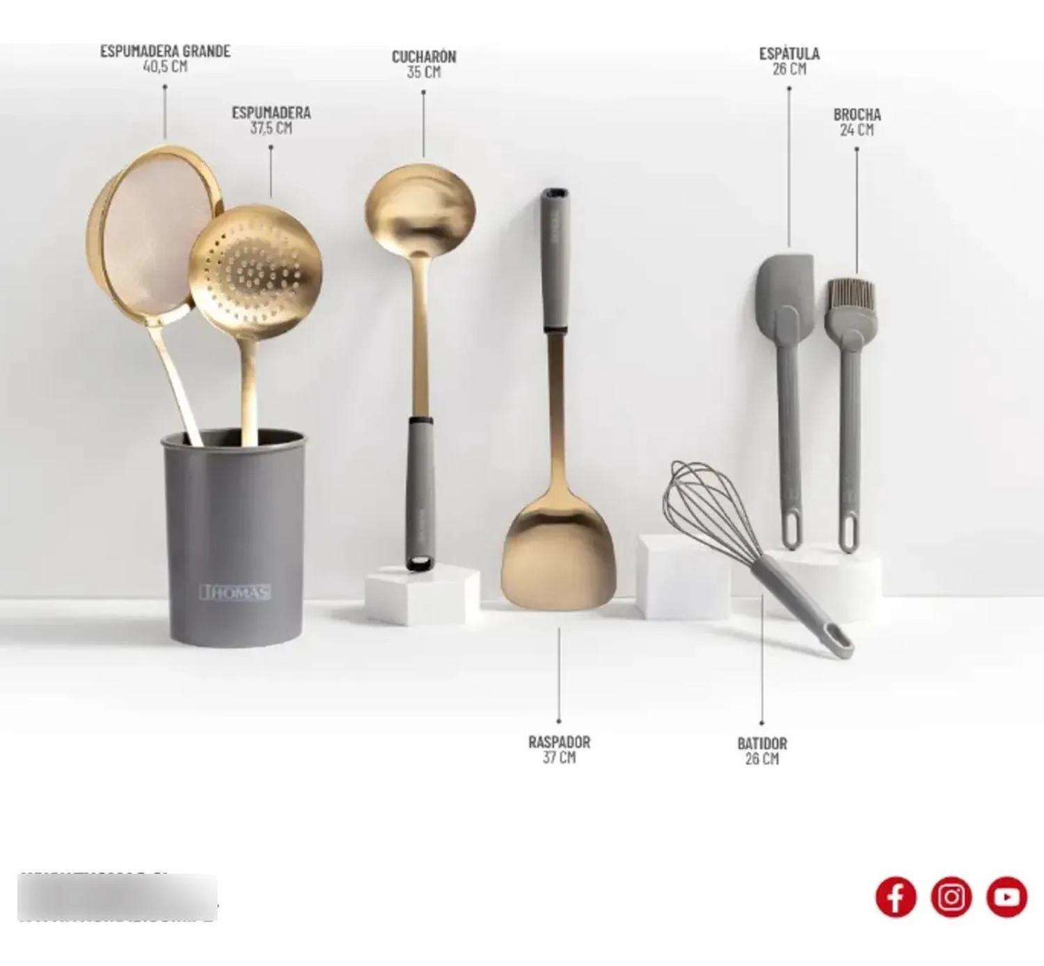 Set De Utensilios De Cocina Acero Inoxidable Thomas 8 Piezas Gris Con Dorado-2