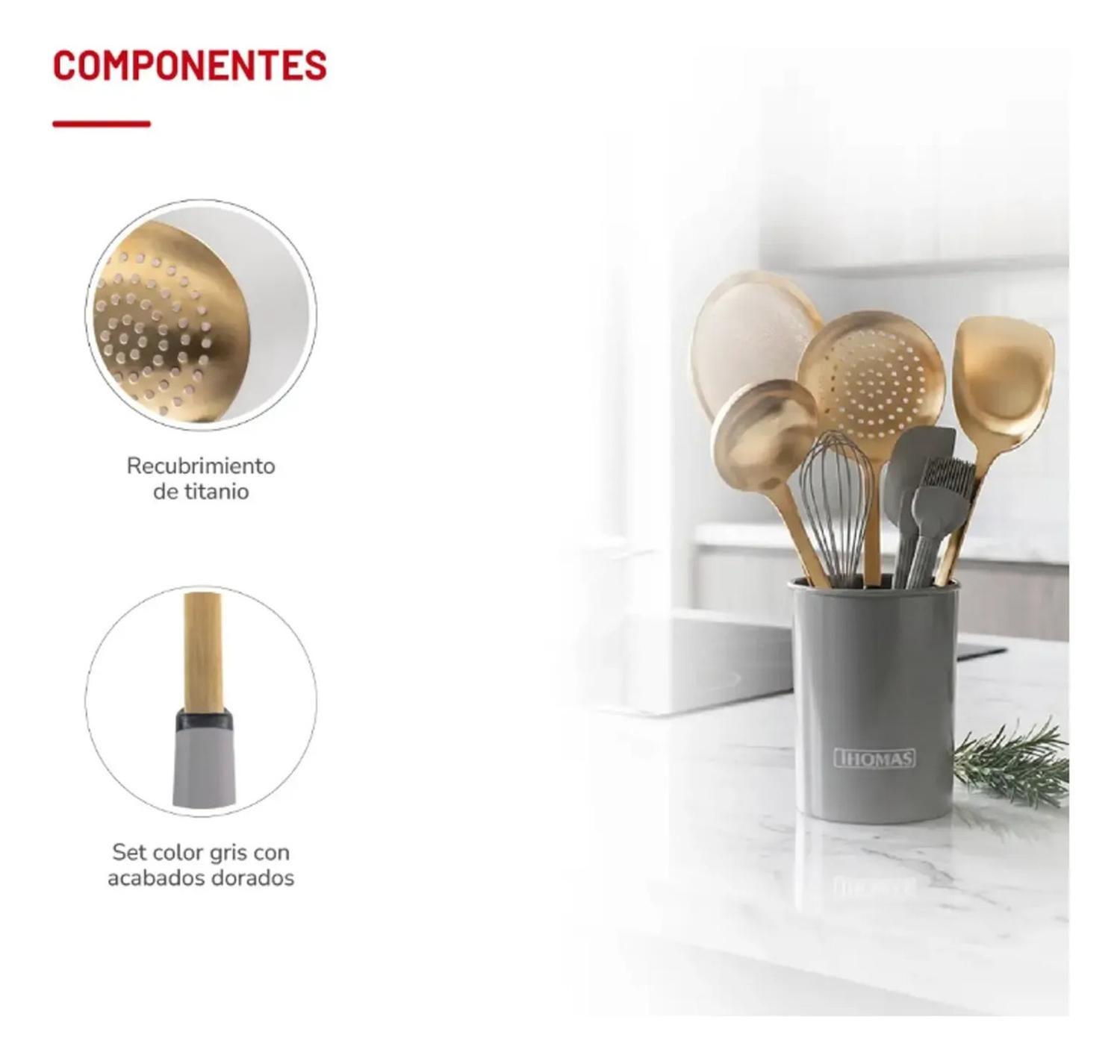 Set De Utensilios De Cocina Acero Inoxidable Thomas 8 Piezas Gris Con Dorado-3