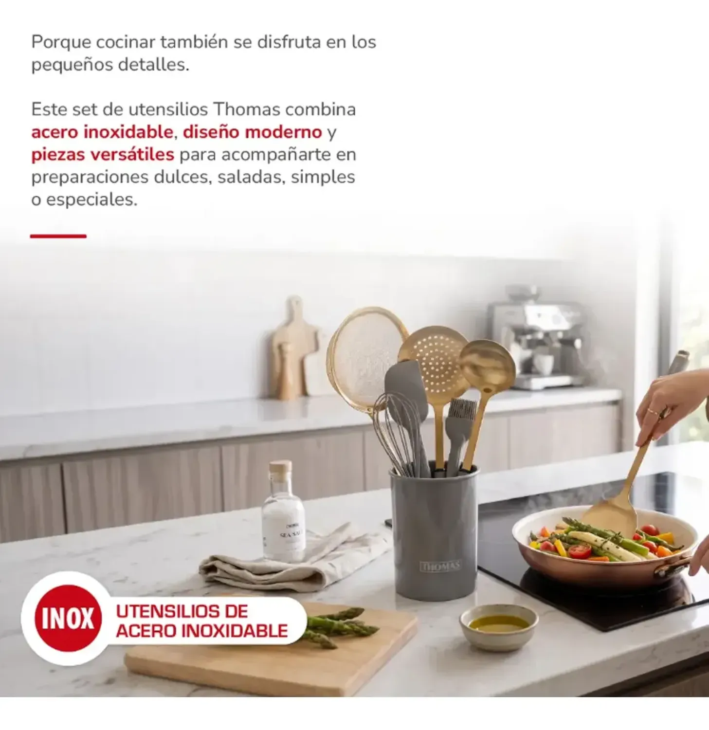 Set De Utensilios De Cocina Acero Inoxidable Thomas 8 Piezas Gris Con Dorado-5