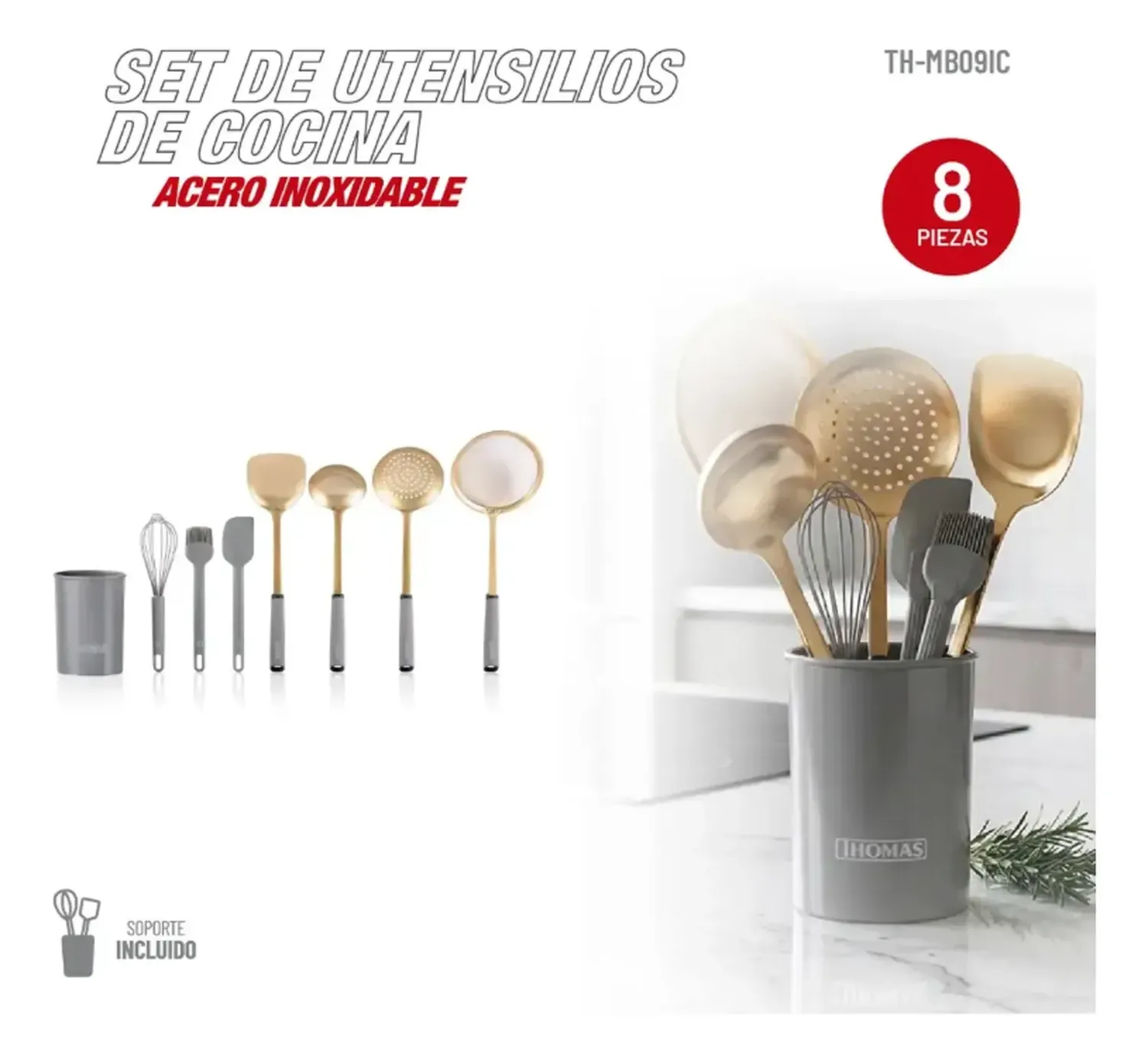 Set De Utensilios De Cocina Acero Inoxidable Thomas 8 Piezas Gris Con Dorado-6