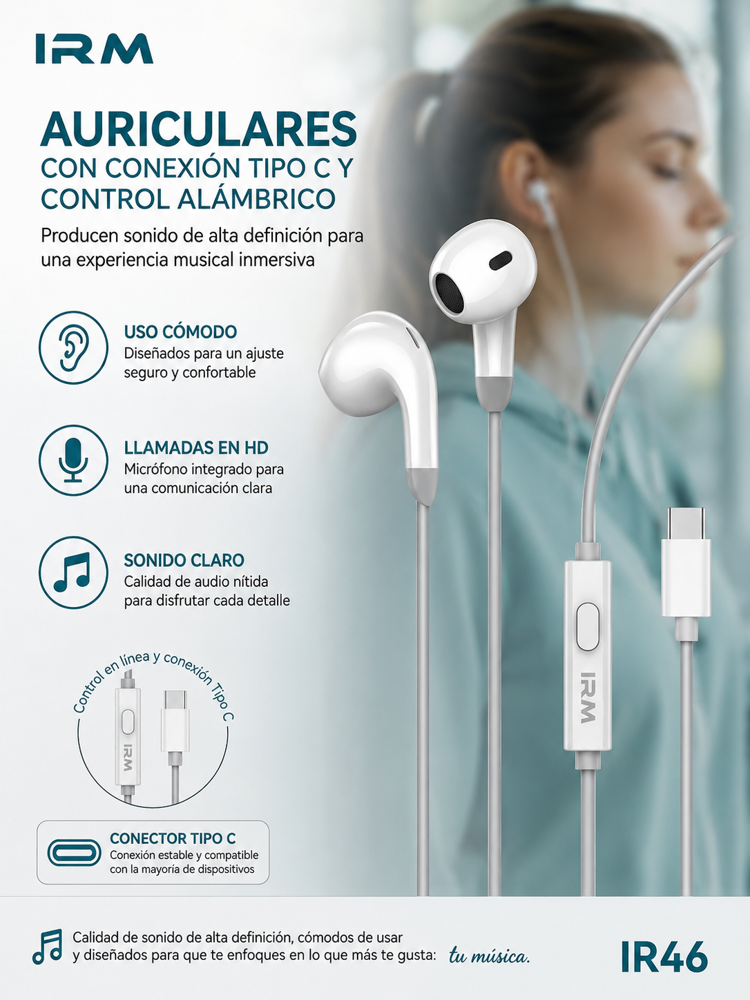 Audifonos Cable Tipo C Ir46 IRM-2