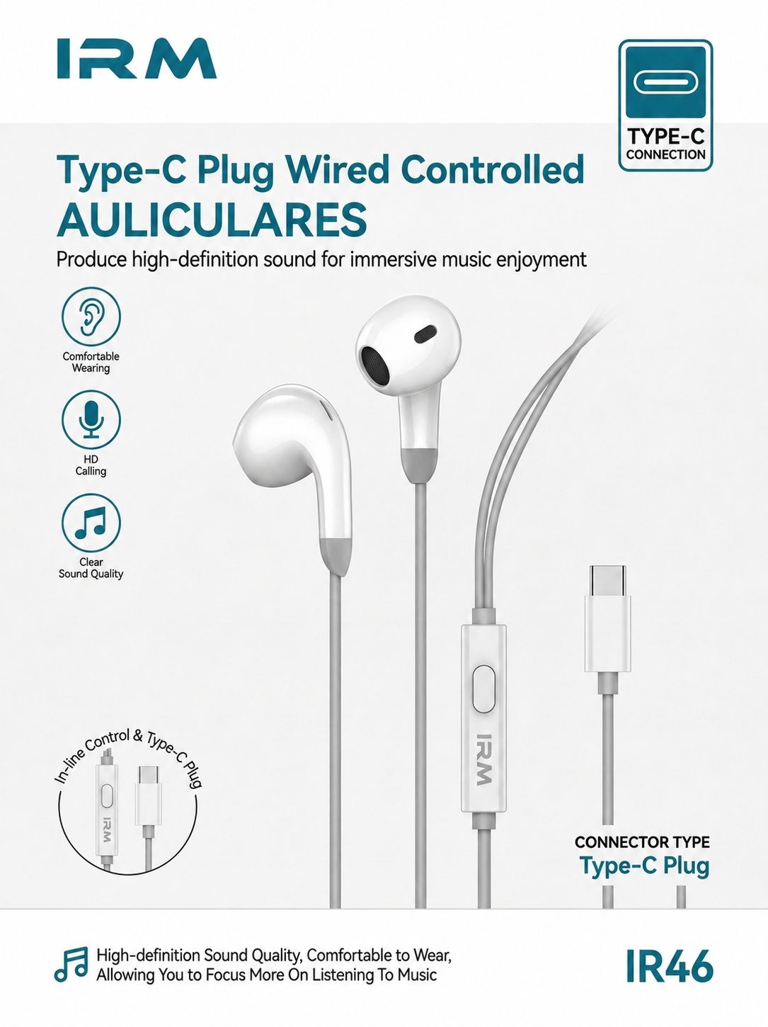 Audifonos Cable Tipo C Ir46 IRM-3