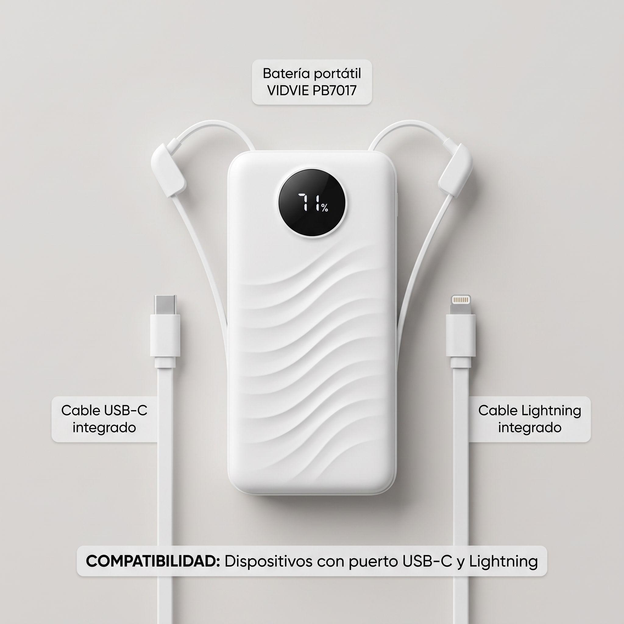 BATERÍA PORTÁTIL POWER BANK 10000 mAh 22.5W VIDVIE PB7017 CON CABLES INTEGRADOS Y PANTALLA DIGITAL-6