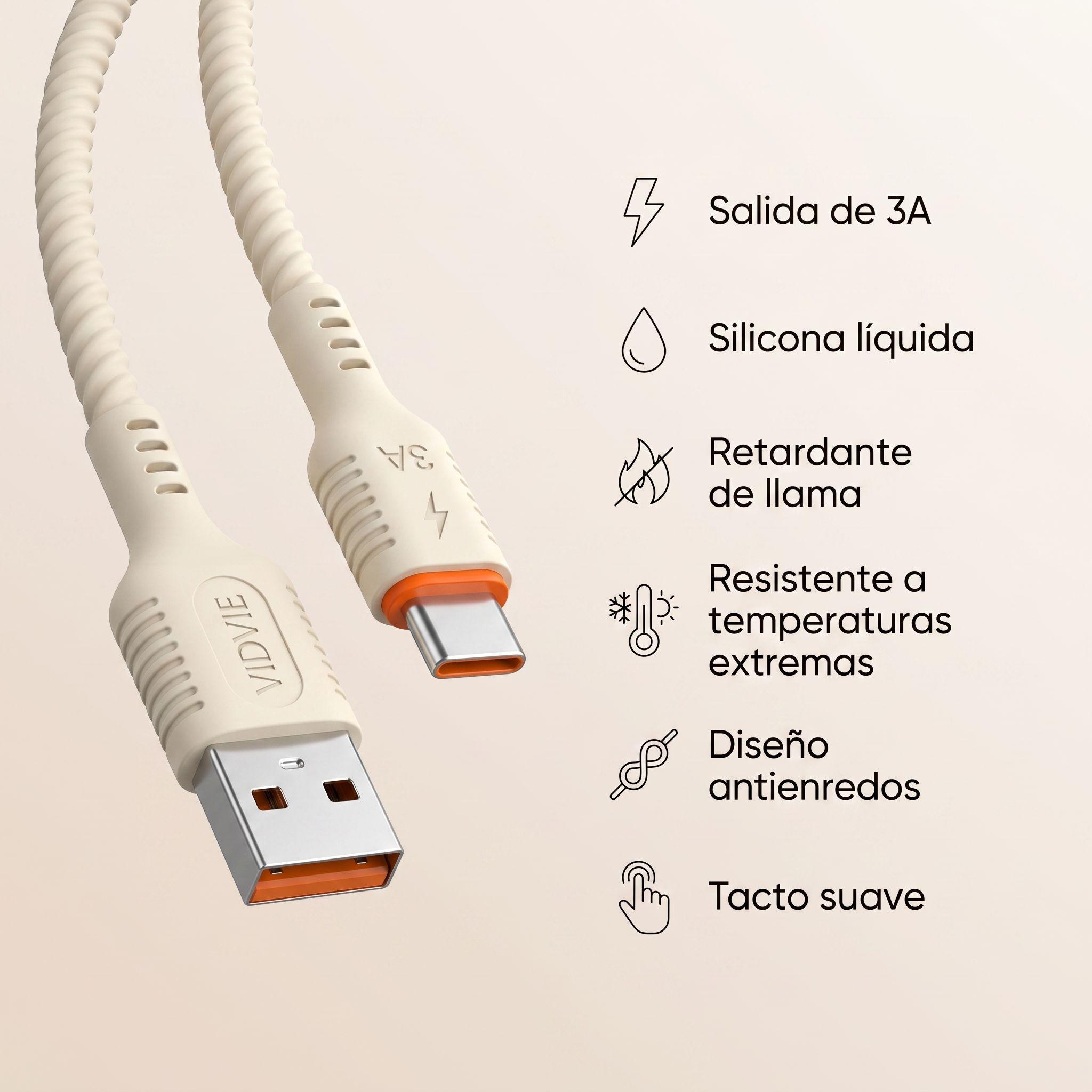 CABLE DE CARGA RÁPIDA USB-A A TIPO C 3A VIDVIE - SILICONA LÍQUIDA ULTRA RESISTENTE-2