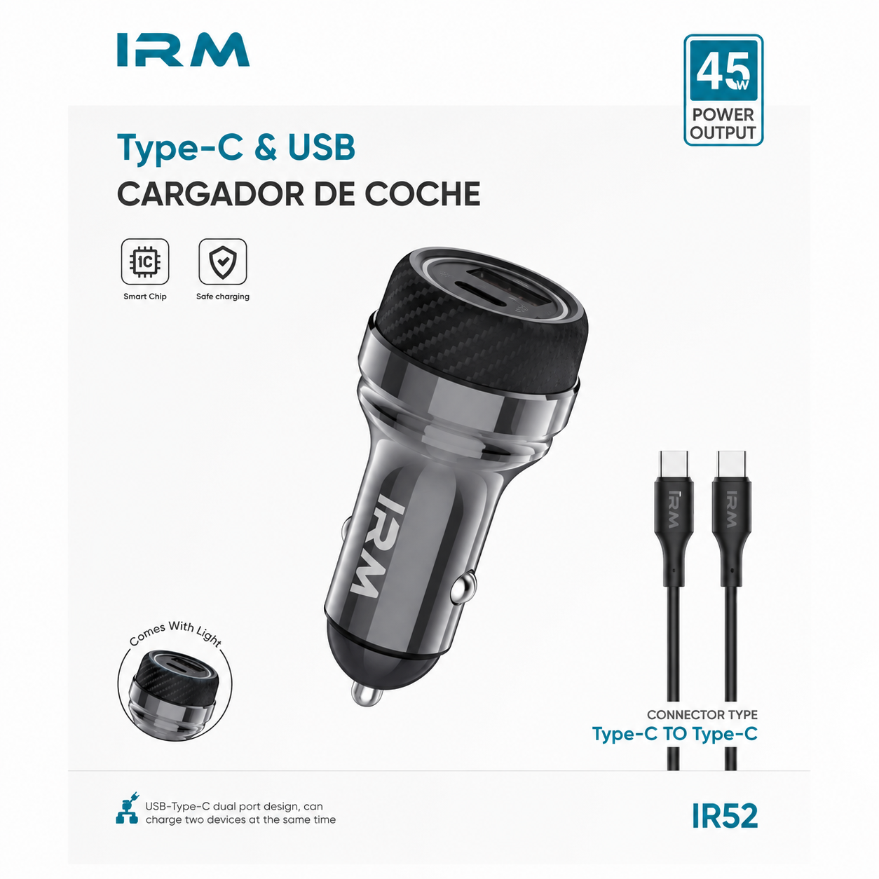 Cargador Rapido 45w de Celular Para Auto Ir52 IRM Con Cable Tipo C-3