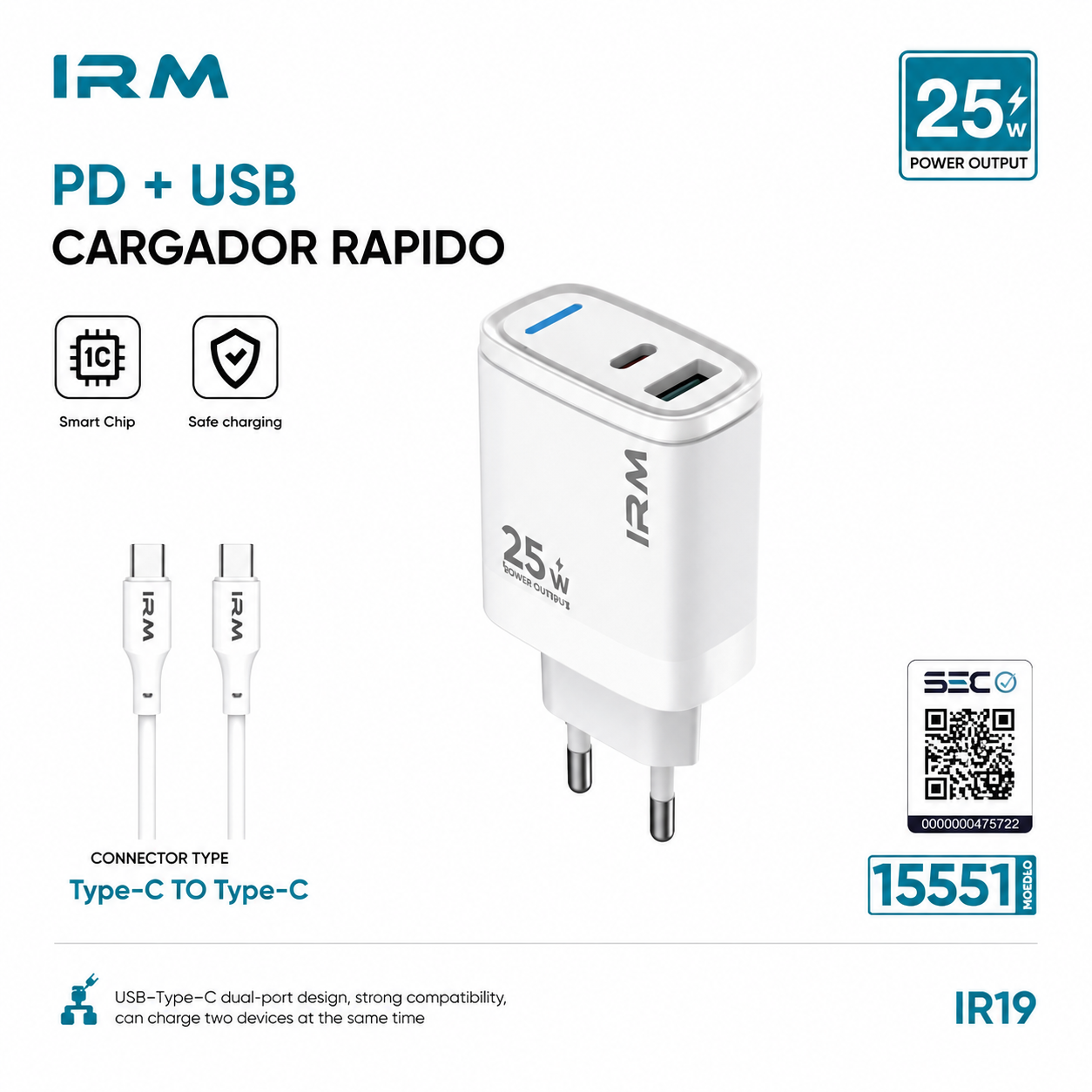 Cargador Rapido 25w Ir19 IRM Con Cable Tipo C-2