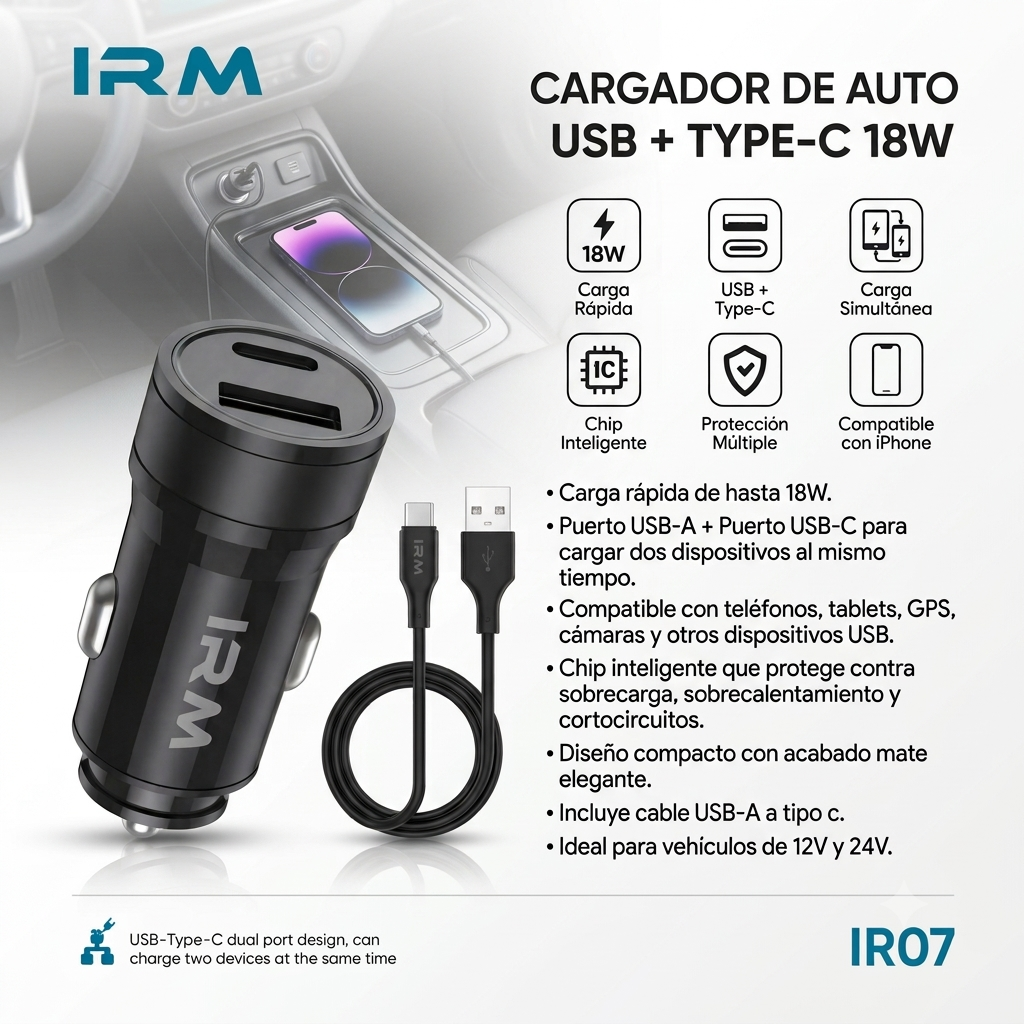 Cargador 18w de Celular Para Auto Ir07 IRM Con Cable Tipo C-2