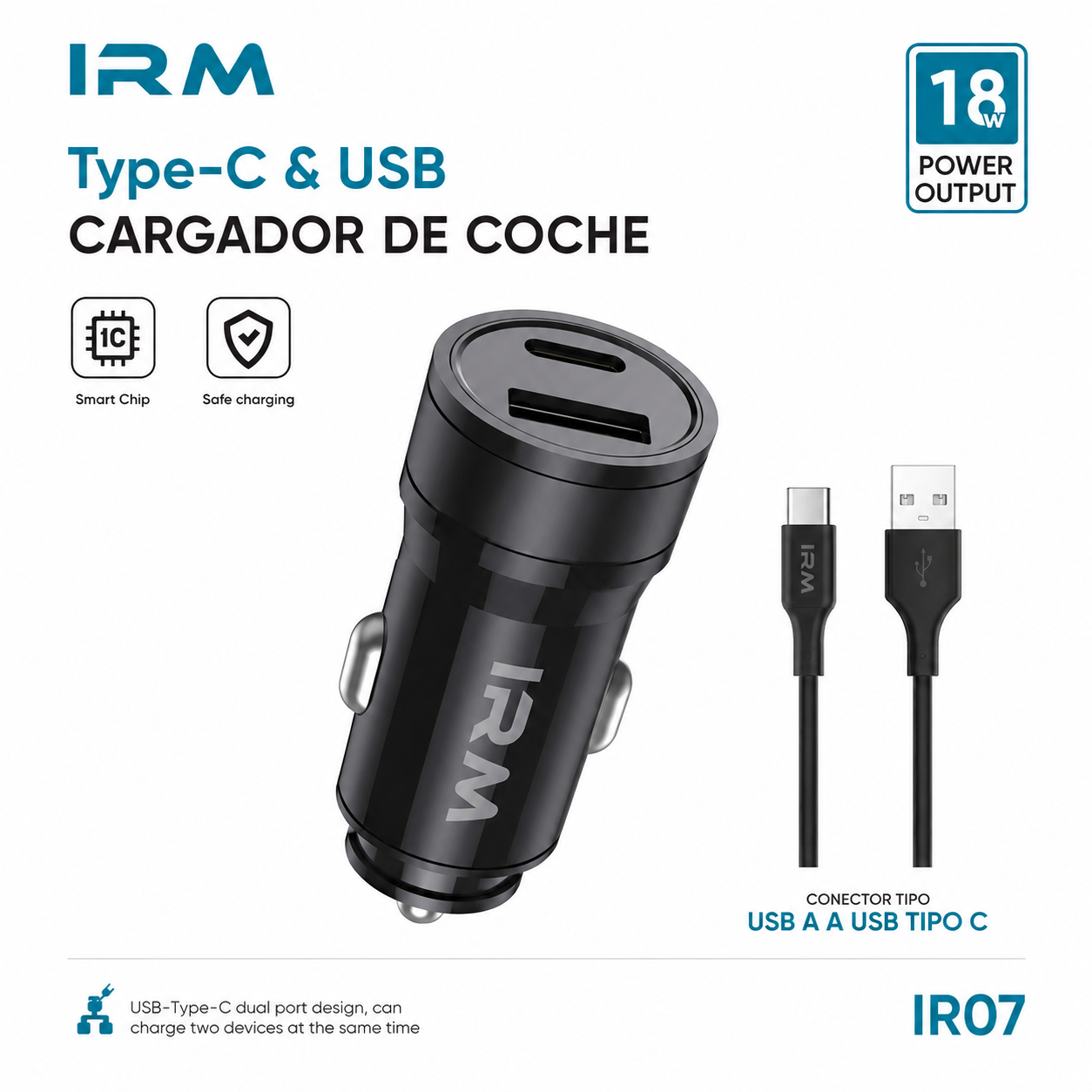 Cargador 18w de Celular Para Auto Ir07 IRM Con Cable Tipo C-3