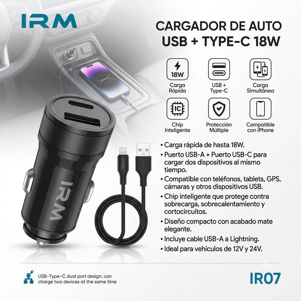 Cargador 18w de Celular Para Auto Ir07 IRM Con Cable Lightning-2