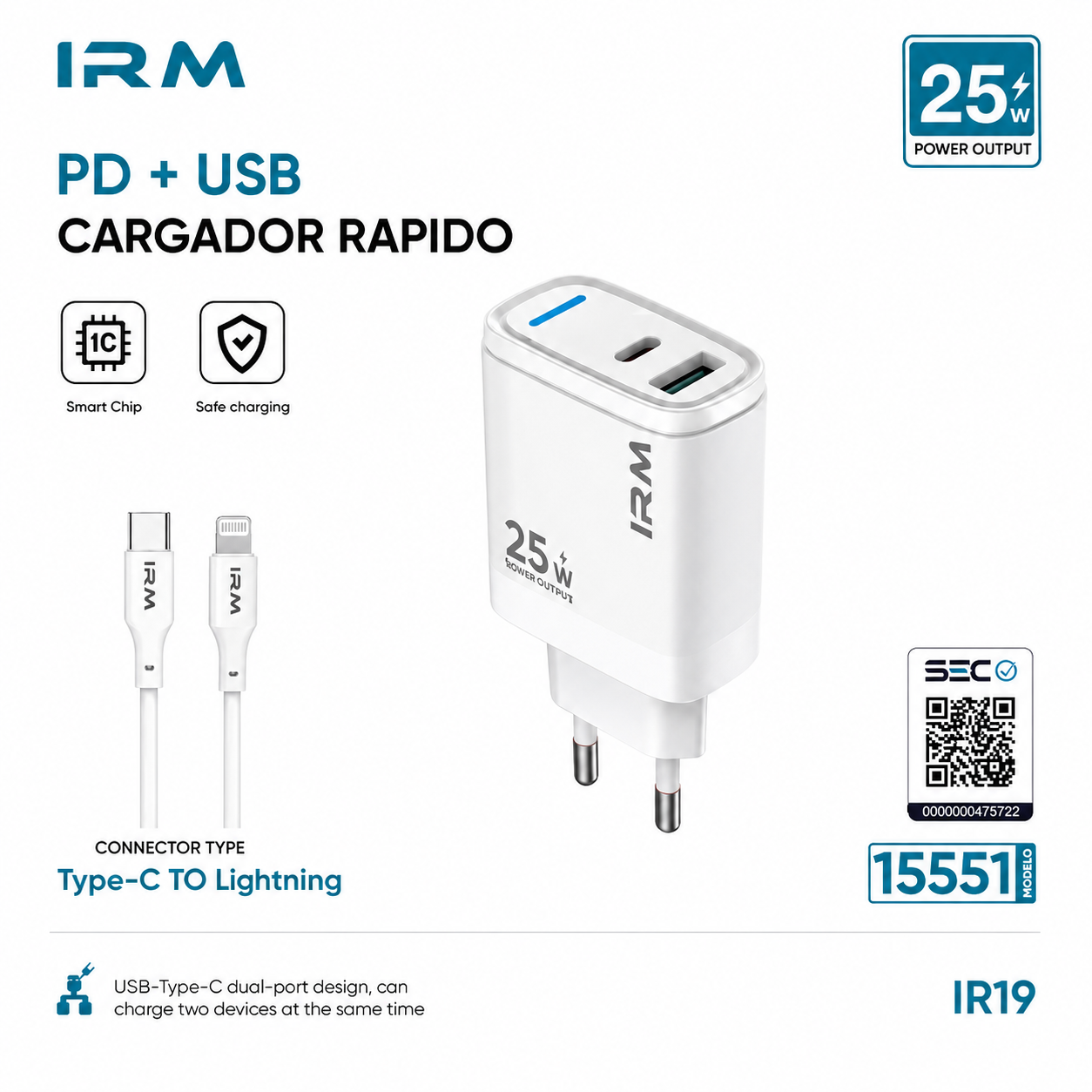 Cargador Rapido 25w Ir19 IRM Con Cable Lightning-2