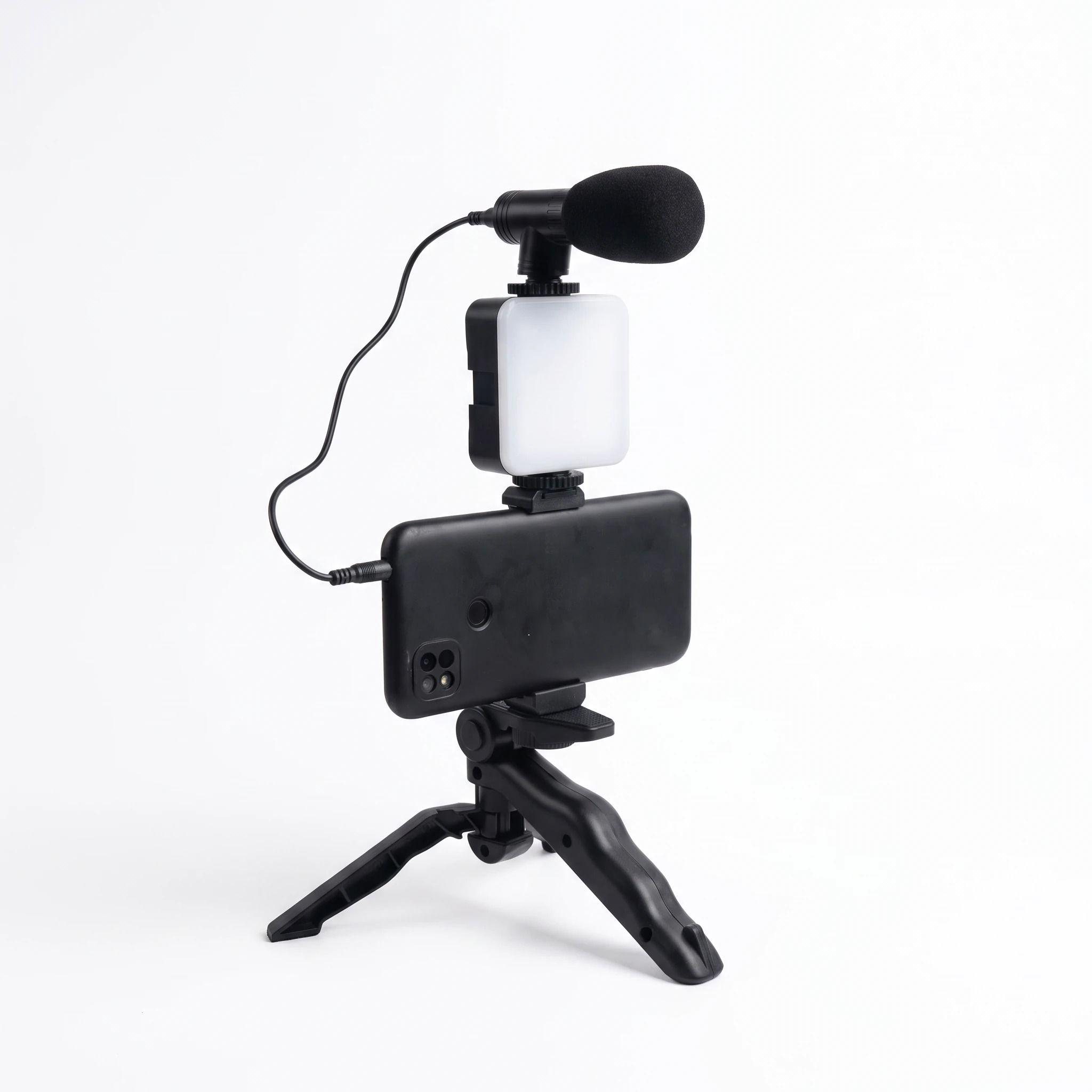 Kit de Grabación Todo en Uno: Trípode, Luz LED, Micrófono y Soporte para Celular-0