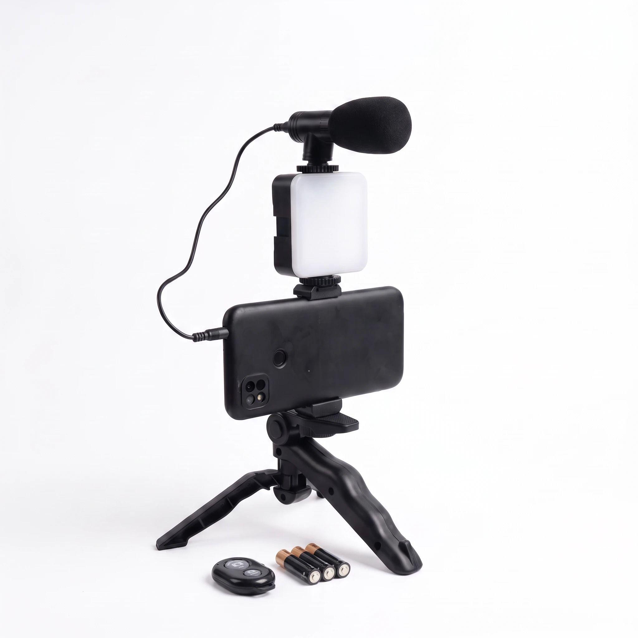 Kit de Grabación Todo en Uno: Trípode, Luz LED, Micrófono y Soporte para Celular-3