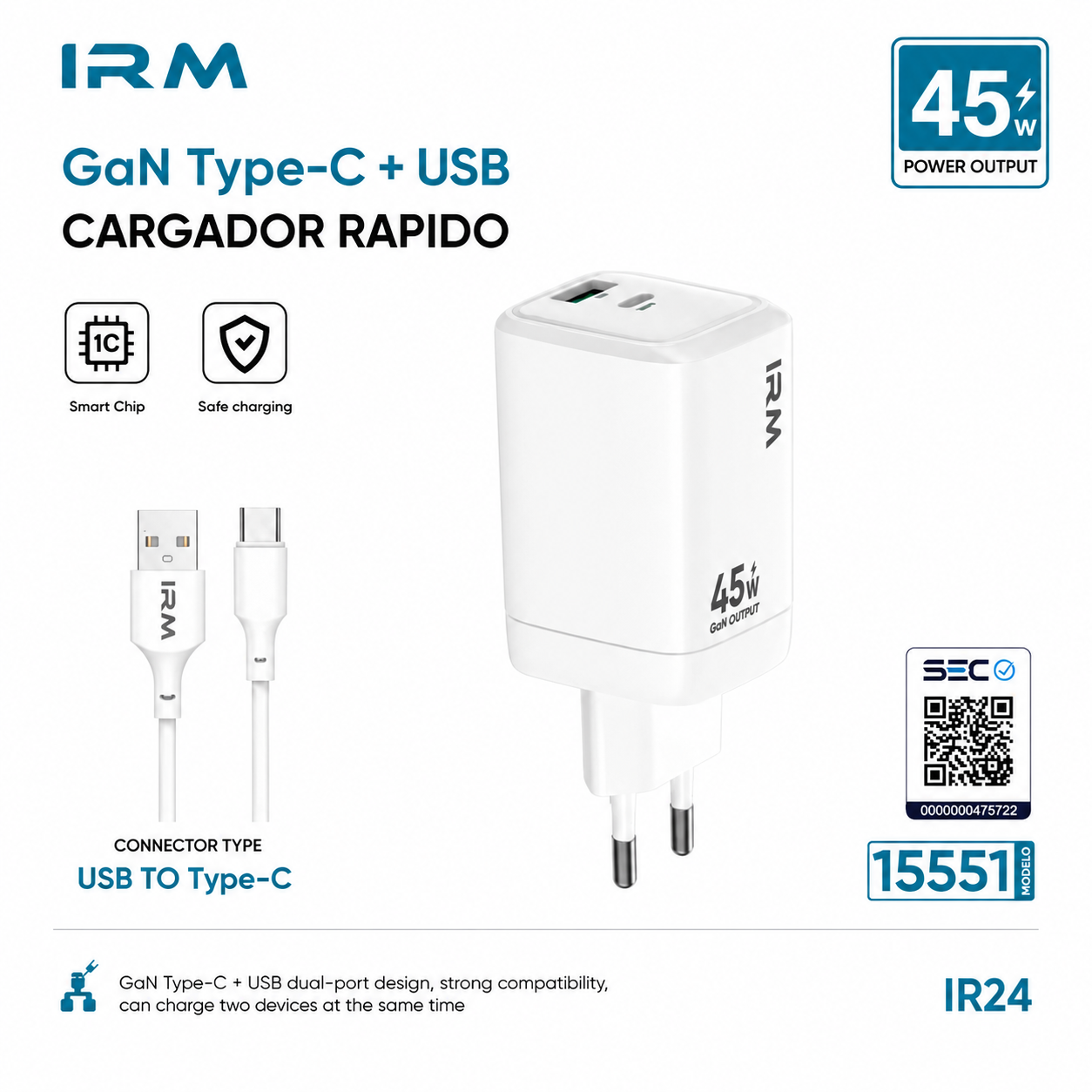 Cargador Rapido 45w Ir24 IRM Con Cable Tipo C-2