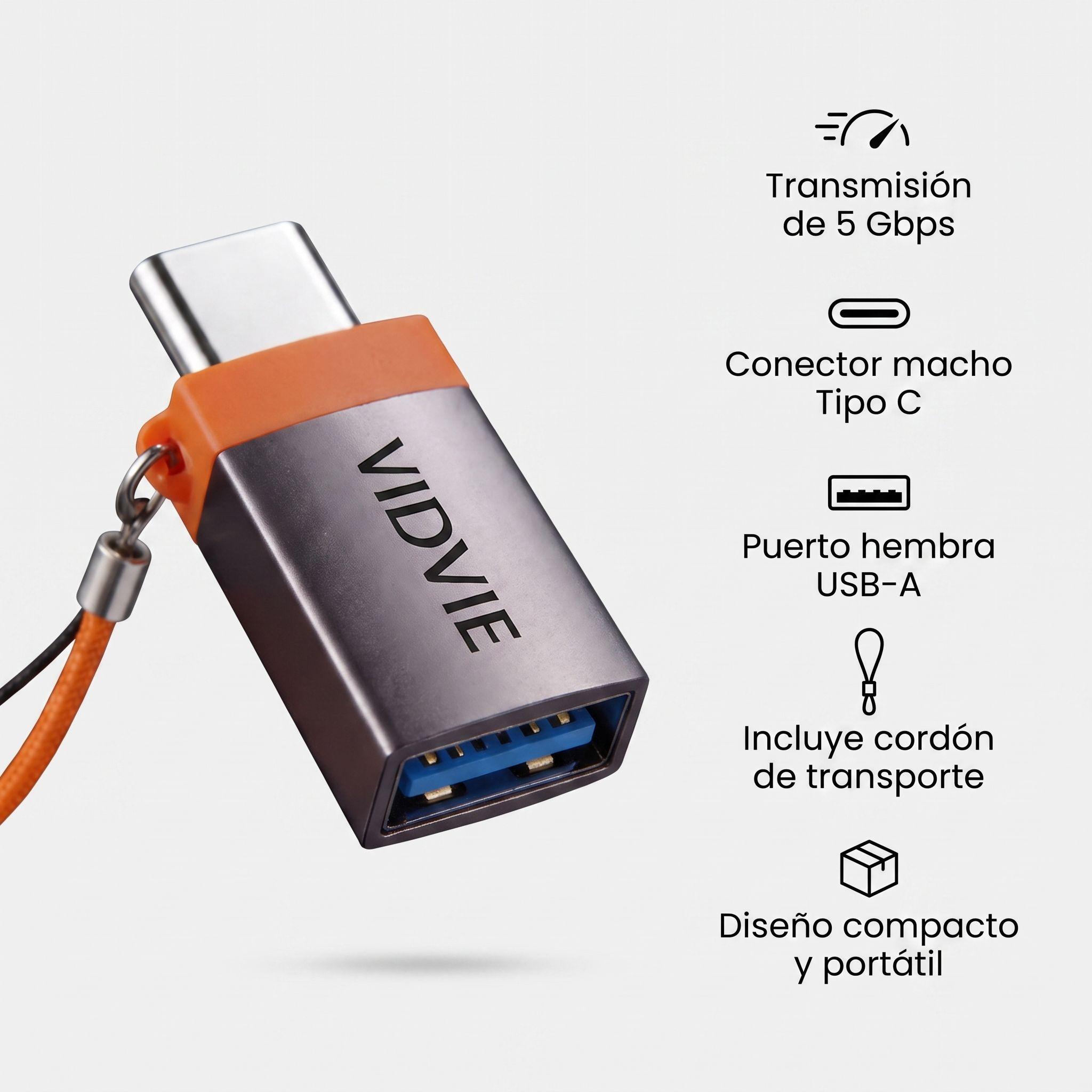 Adaptador VIDVIE USB Tipo C Macho a USB-A Hembra OTG Alta Velocidad-2