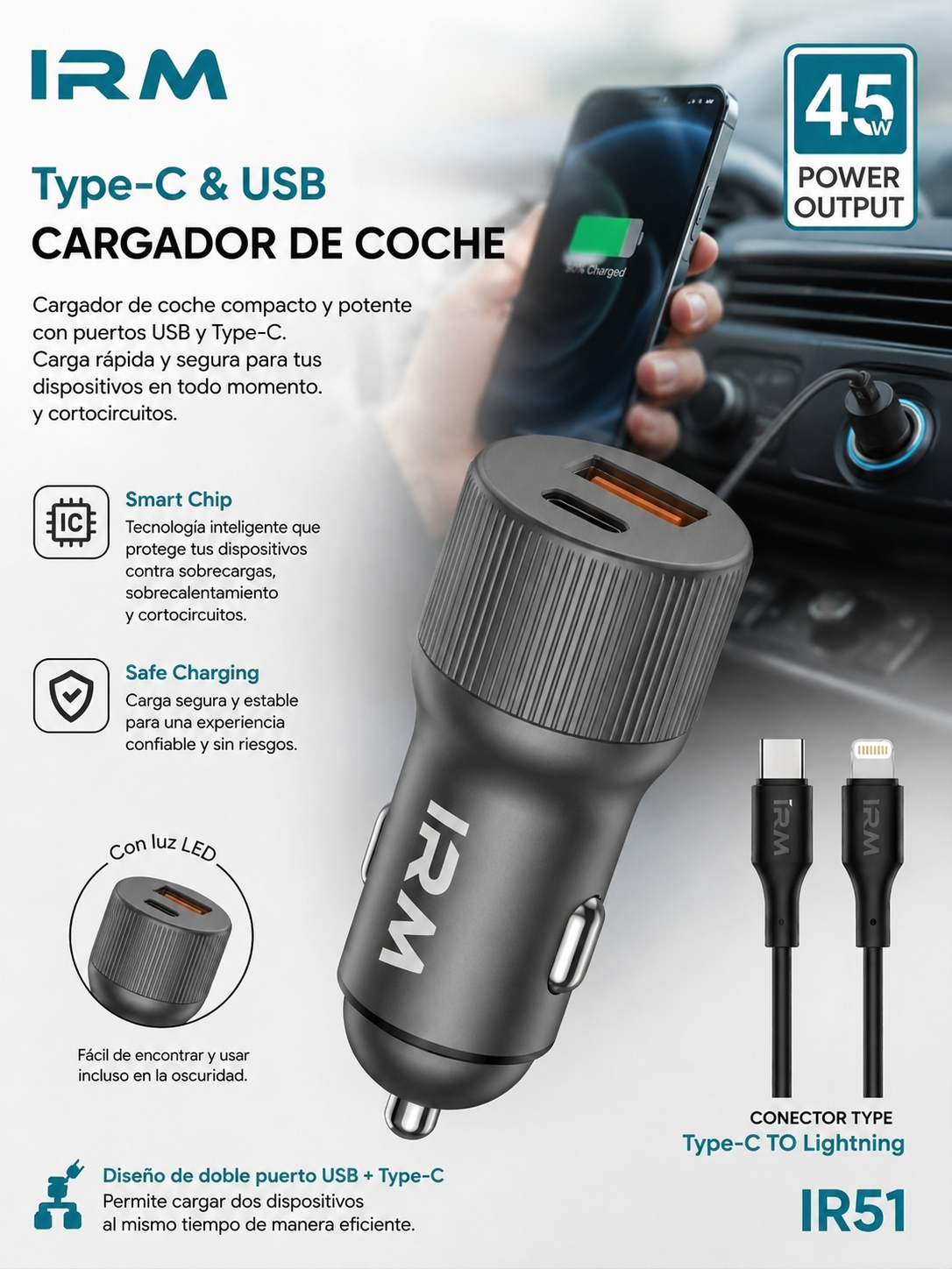 Cargador Rapido 45w de Celular Para Auto Ir51 IRM Con Cable Lightning-2