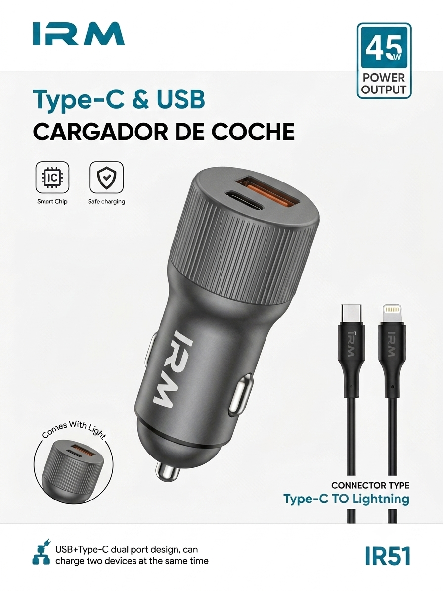 Cargador Rapido 45w de Celular Para Auto Ir51 IRM Con Cable Lightning-3