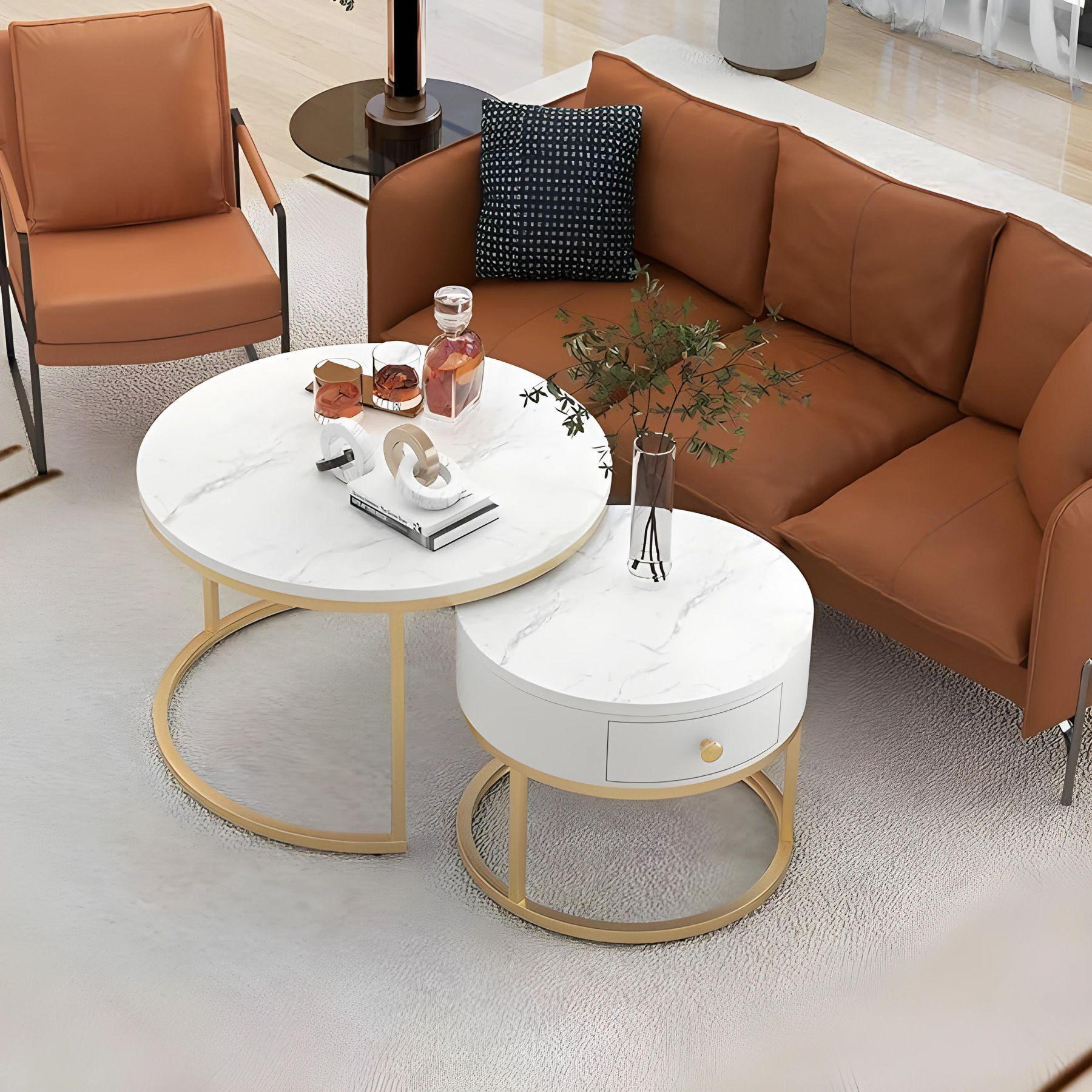 Mesa De Centro Tipo Nido Redonda Con Recubrimiento En Cuero-2