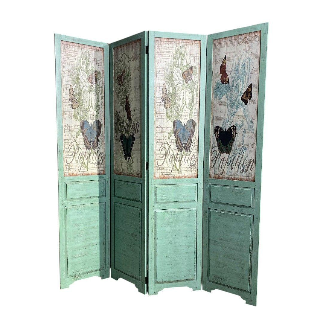 Separador de Ambientes de 4 Paneles con Diseño Floral y Mariposas-2