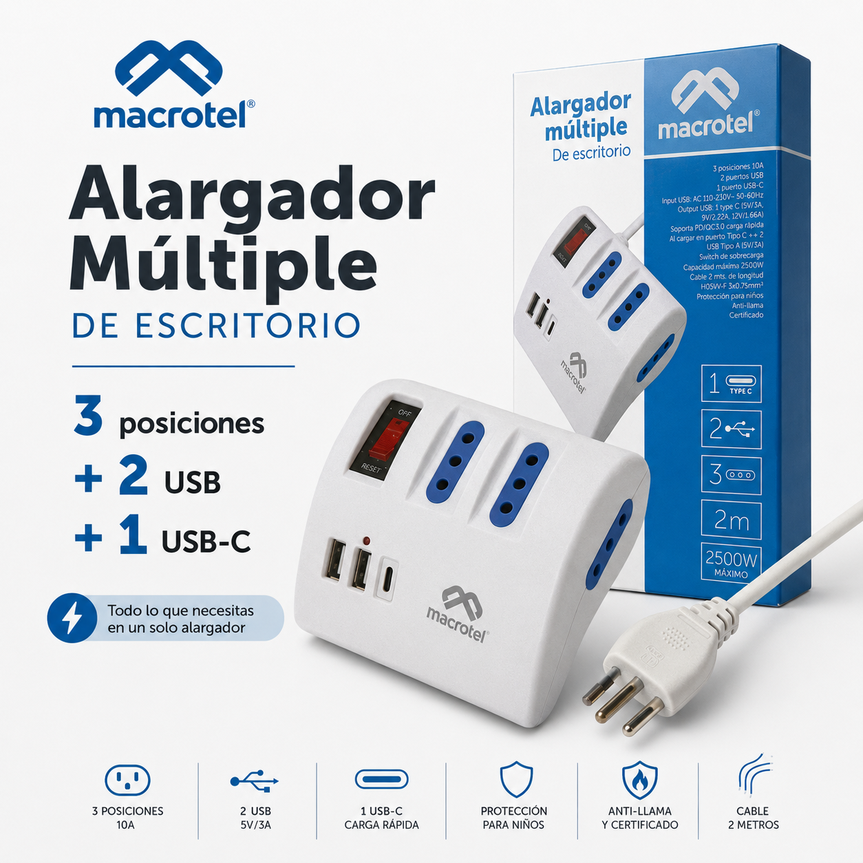 Zapatilla Electrica Macrotel 3 Tomas 2 Usb Usb C 2 Metros-2