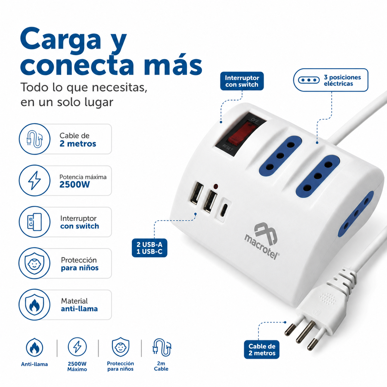 Zapatilla Electrica Macrotel 3 Tomas 2 Usb Usb C 2 Metros-3