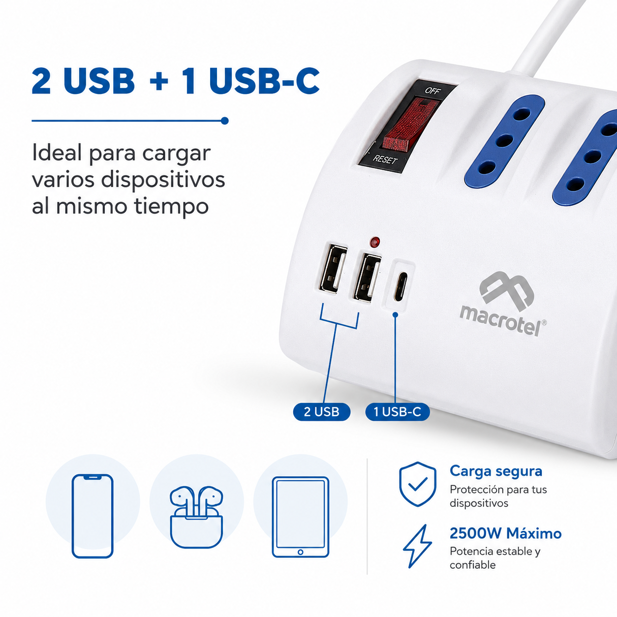Zapatilla Electrica Macrotel 3 Tomas 2 Usb Usb C 2 Metros-4