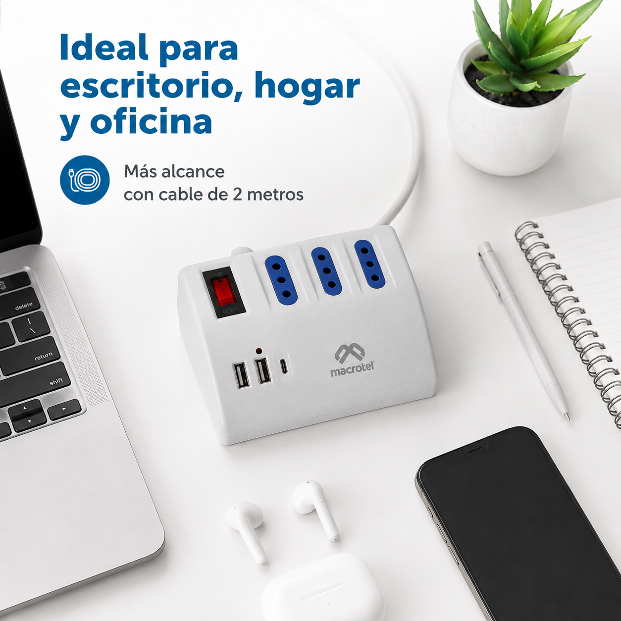 Zapatilla Electrica Macrotel 3 Tomas 2 Usb Usb C 2 Metros-5