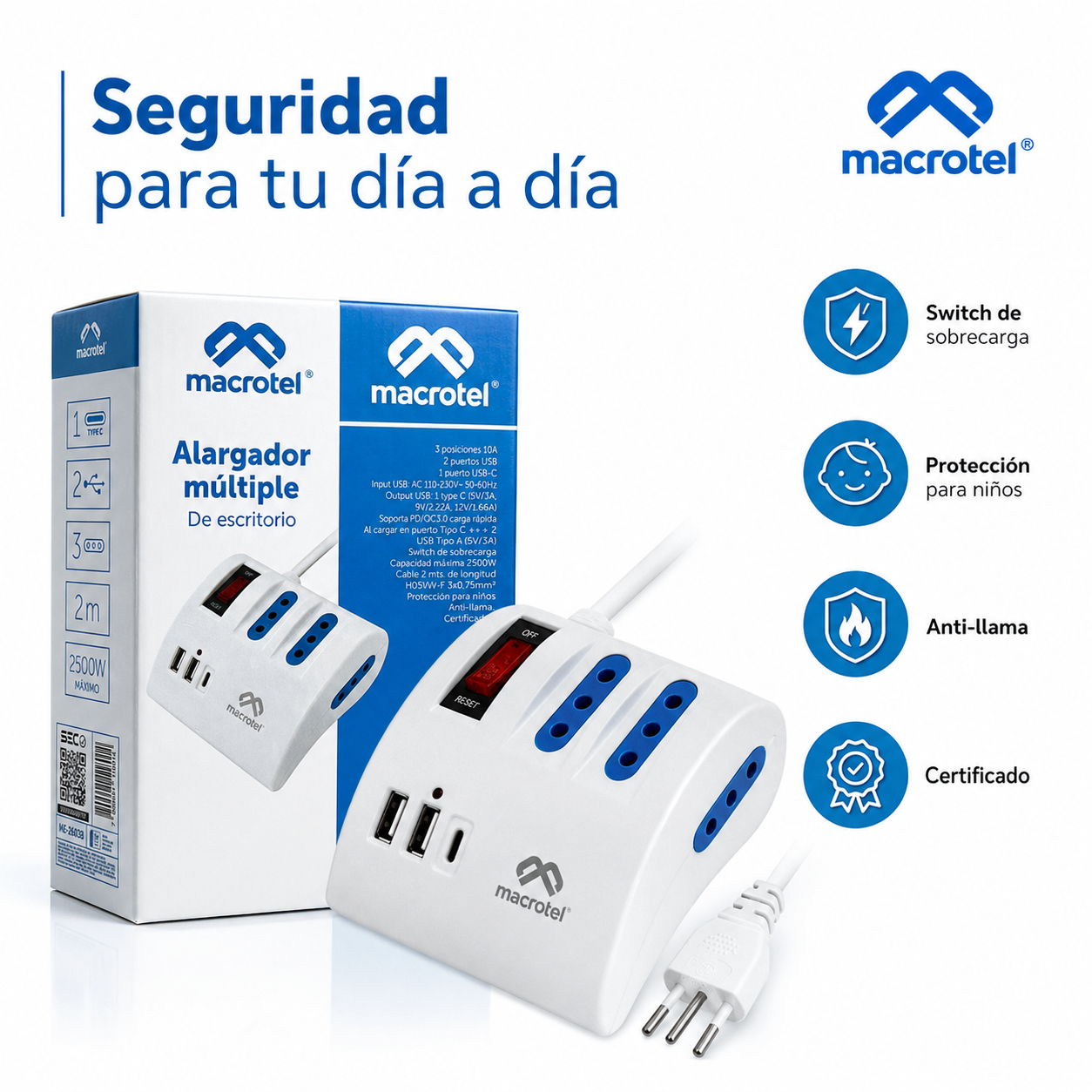 Zapatilla Electrica Macrotel 3 Tomas 2 Usb Usb C 2 Metros-7