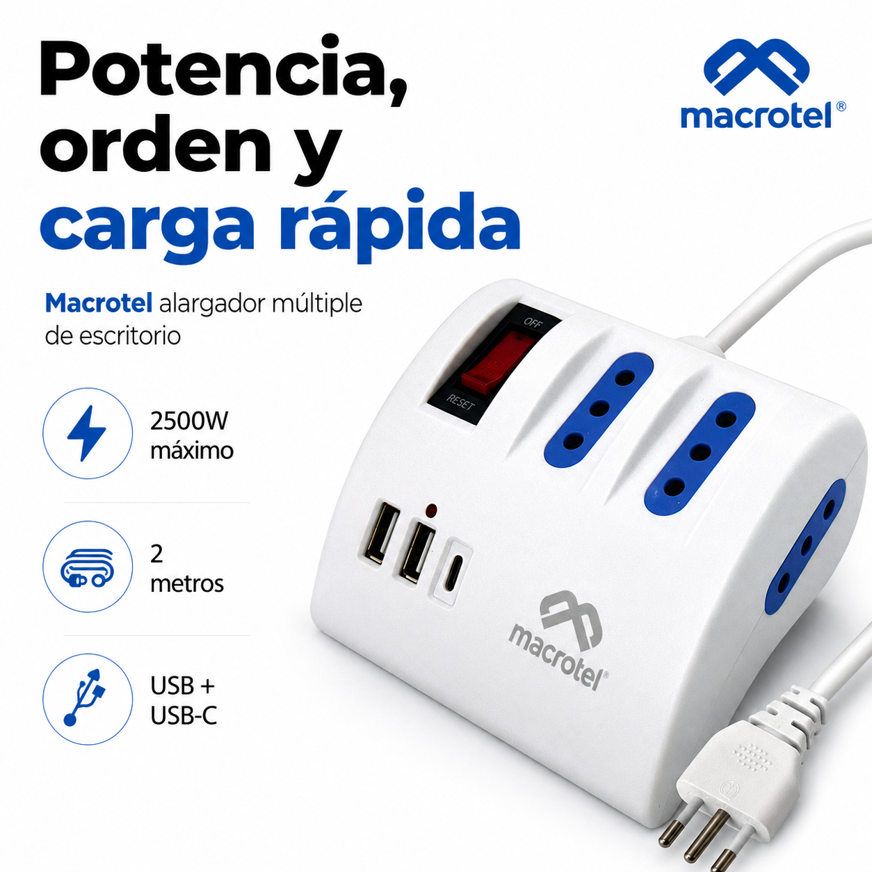 Zapatilla Electrica Macrotel 3 Tomas 2 Usb Usb C 2 Metros-8