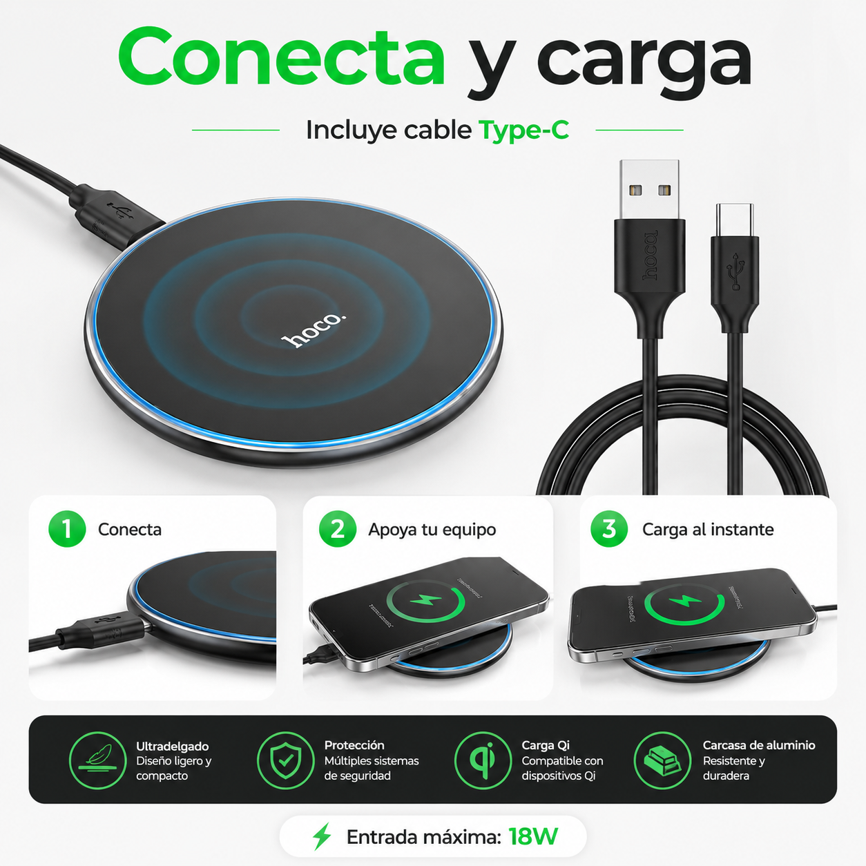 Cargador Inalambrico Hoco CW6 Pro 15W Carga Rapida Qi-4