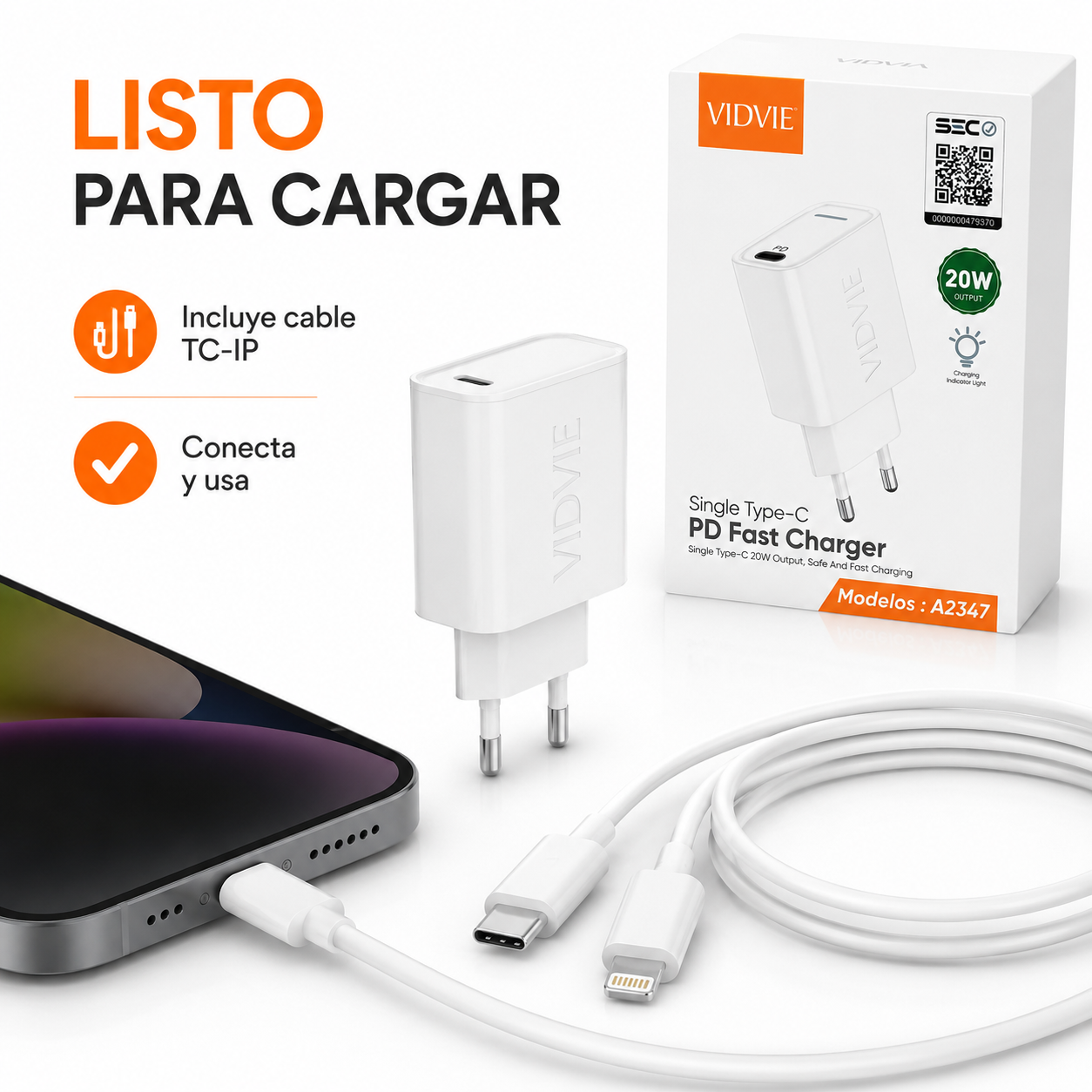Cargador 20W USB C Carga Rapida PD Vidvie A2347-2