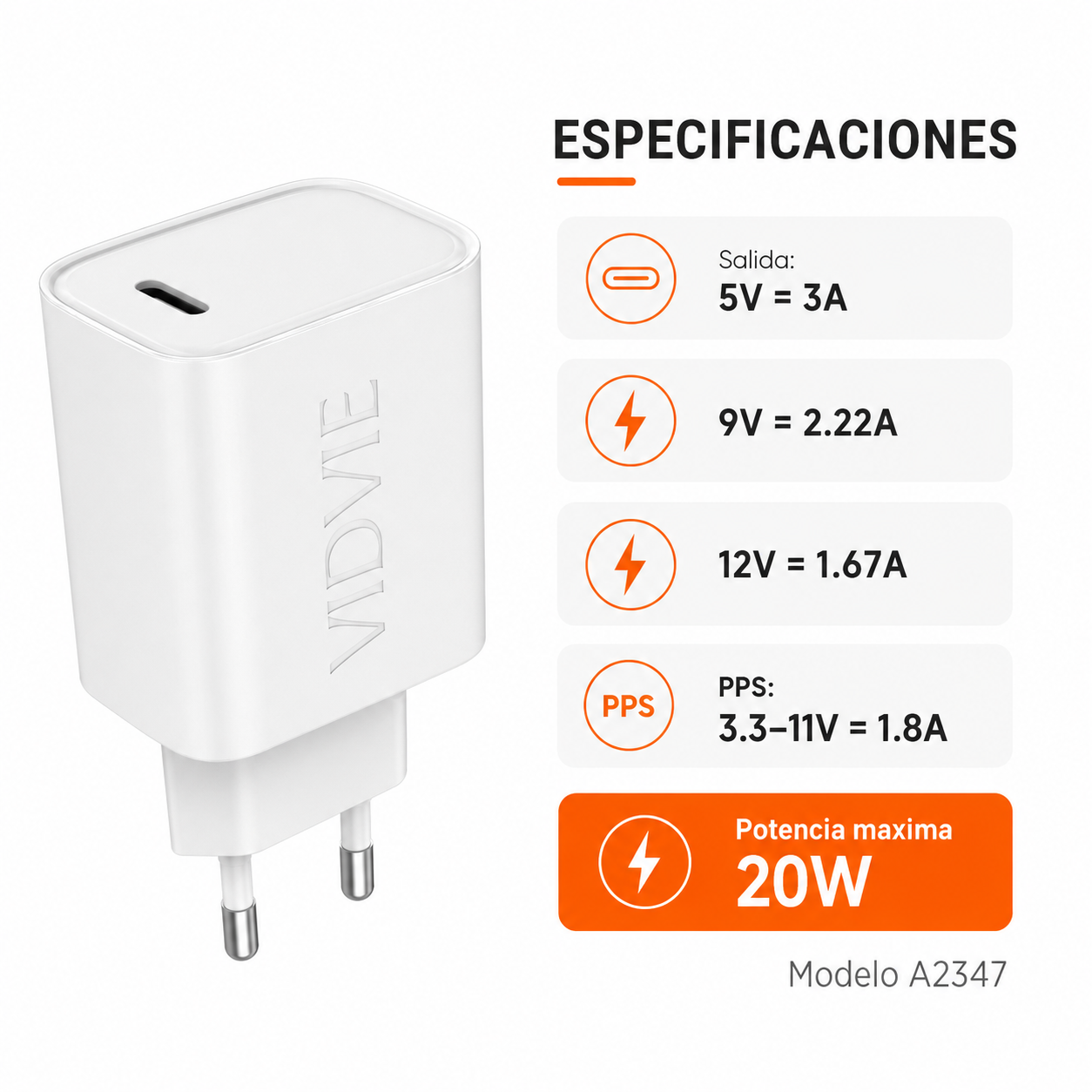 Cargador 20W USB C Carga Rapida PD Vidvie A2347-3