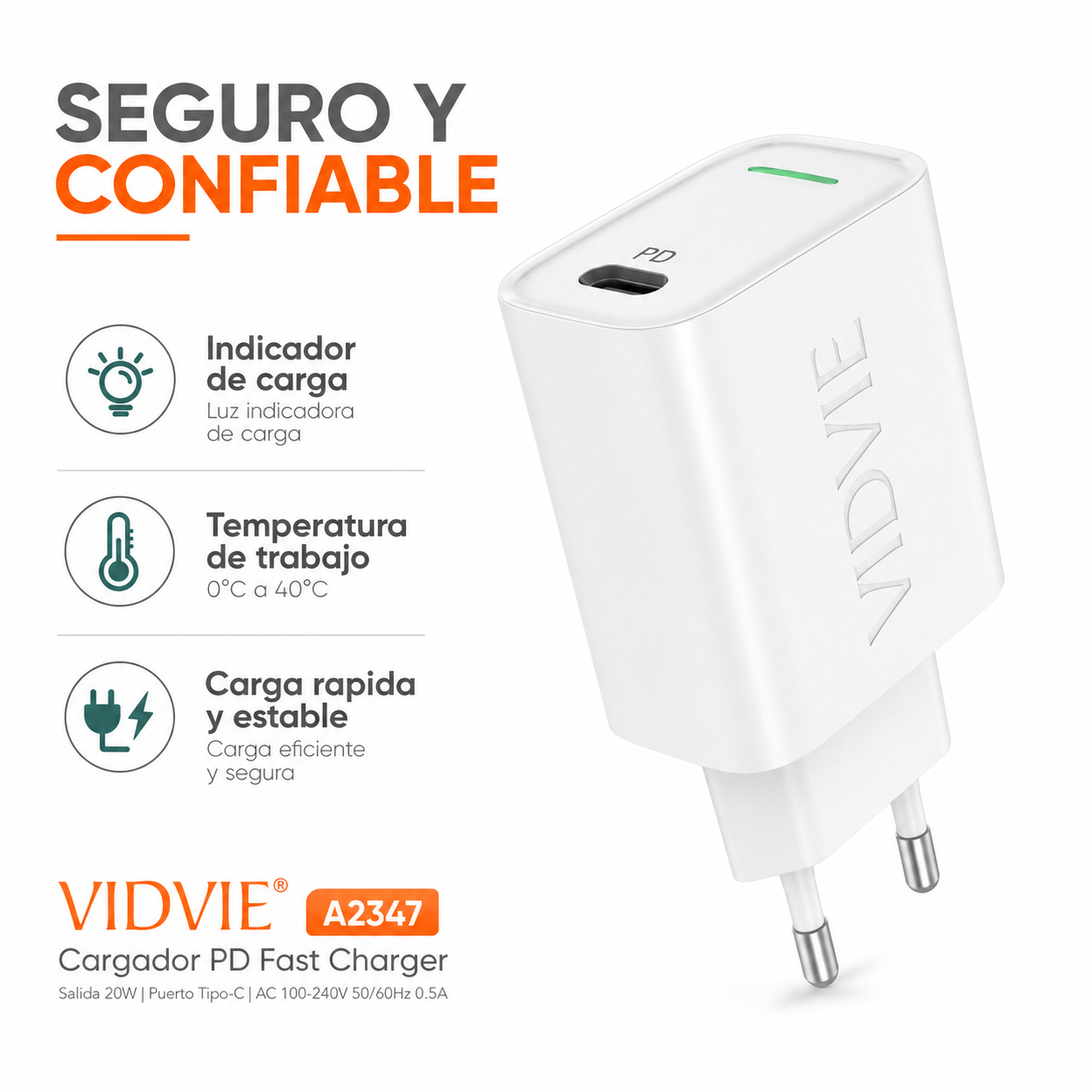 Cargador 20W USB C Carga Rapida PD Vidvie A2347-6