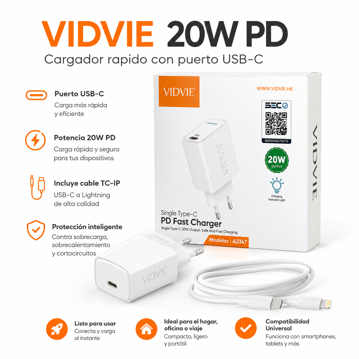 Cargador 20W USB C Carga Rapida PD Vidvie A2347-8